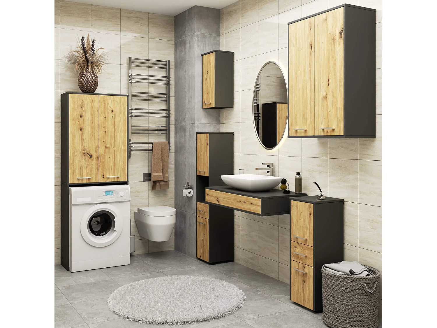 Badezimmer-Hängeschrank FIN Graphitgrau 64 cm 2 Türen Front Artisan Eiche 4 Regalböden B64xH94xT30 cm