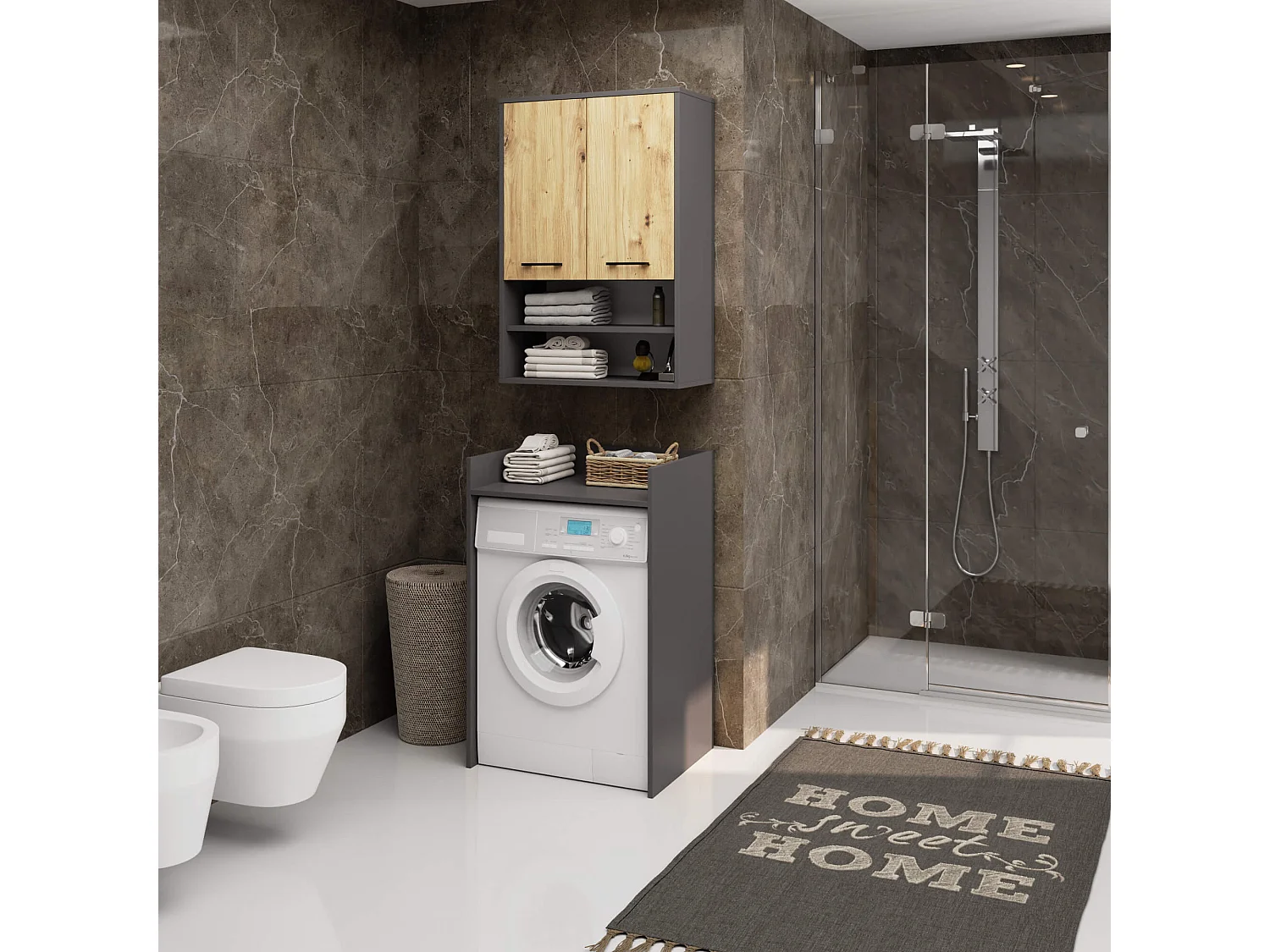 Badezimmer-Hängeschrank FIN Graphitgrau 64 cm 2 Türen Front Artisan Eiche 4 Regalböden B64xH94xT30 cm