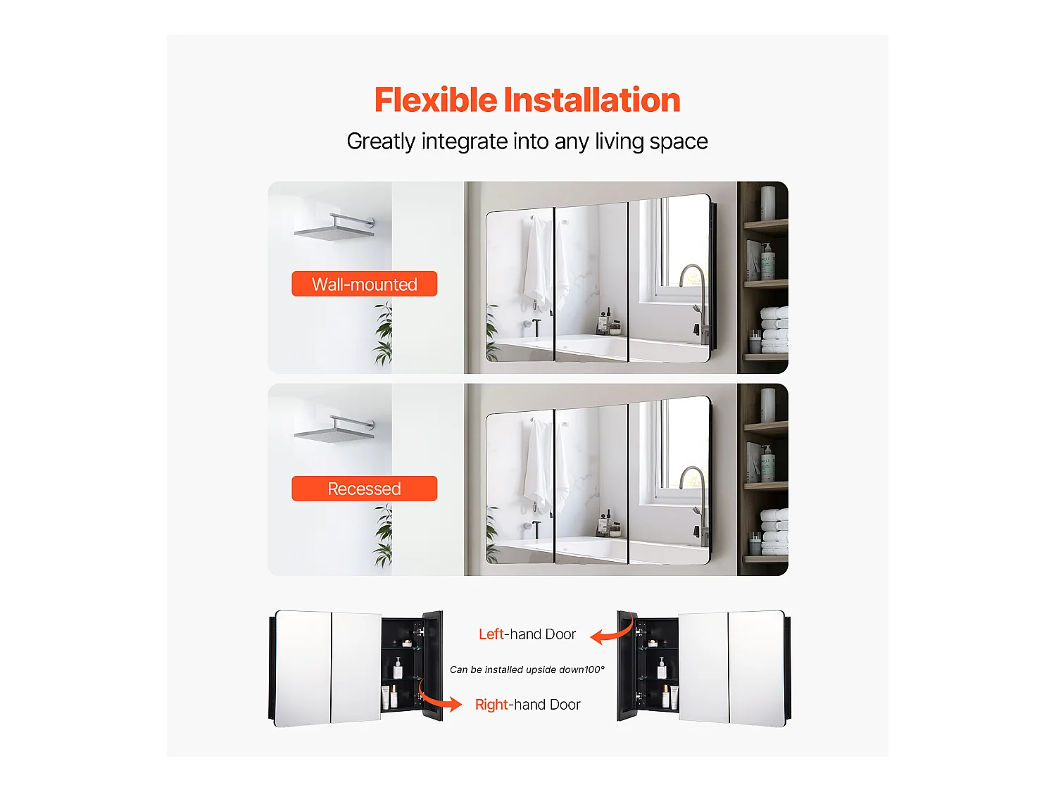 Armoire à Pharmacie, SucceBuy Armoire à Pharmacie, 65 x 102 cm, pour Salle de Bain avec Miroir, Étages Réglables, Options Encastrées et Fixées au Mur