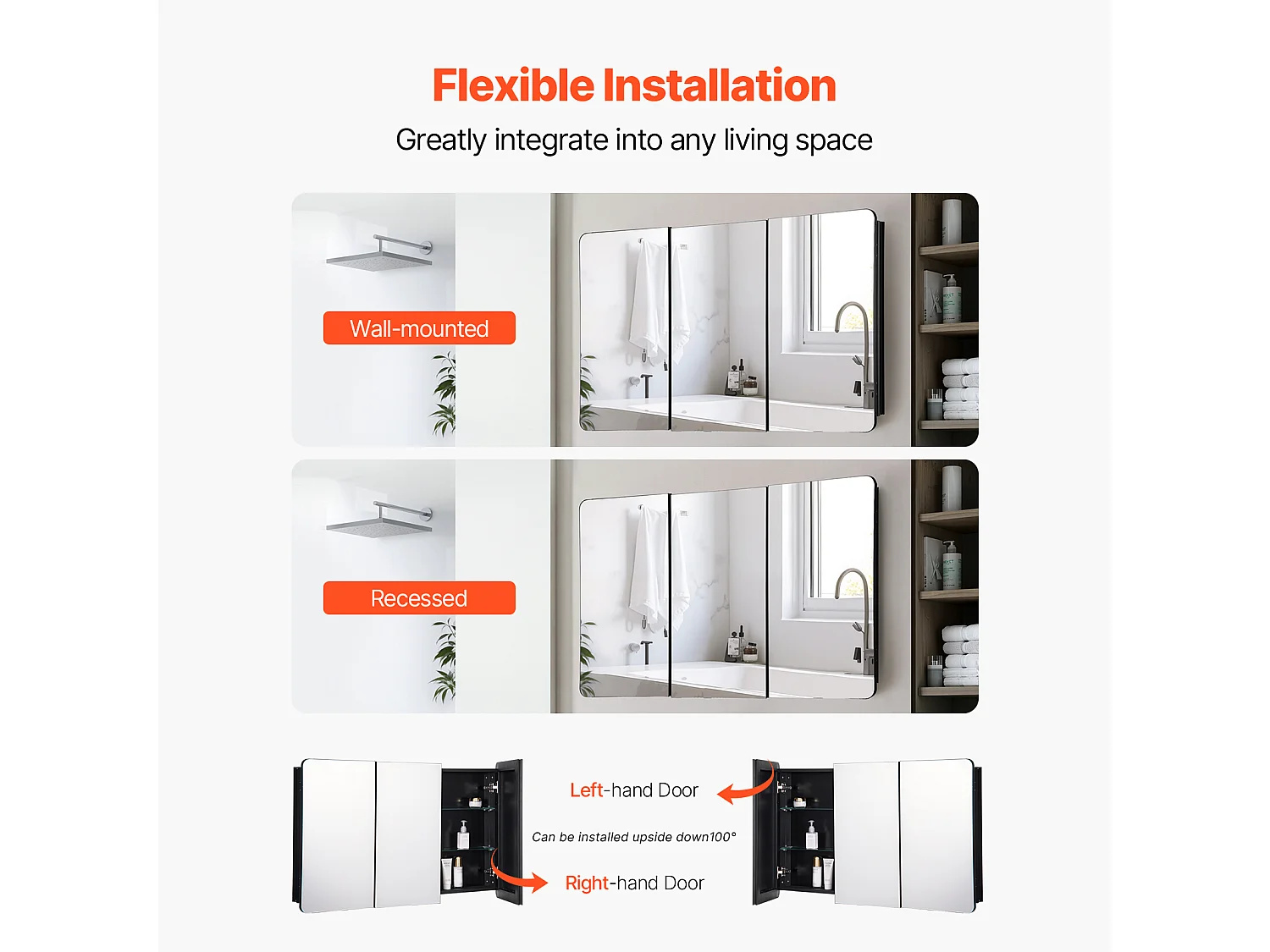 Armoire à Pharmacie, SucceBuy Armoire à Pharmacie, 65 x 102 cm, pour Salle de Bain avec Miroir, Étages Réglables, Options Encastrées et Fixées au Mur