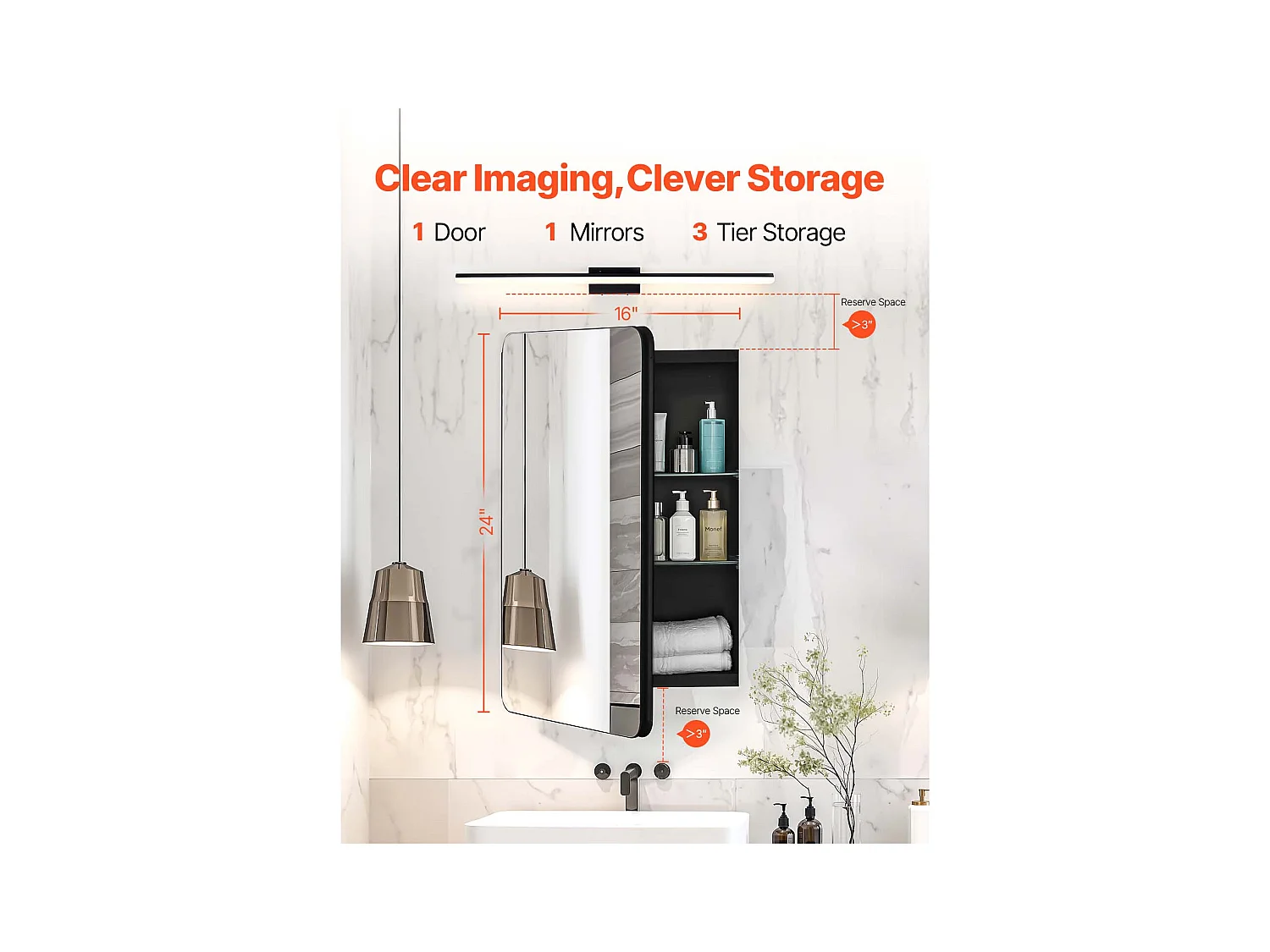 Armoire à Pharmacie, SucceBuy Armoire à Pharmacie - 41 x 61 cm, Armoire à Miroir de Salle de Bain pour Montage Mural ou Installation Encastrée