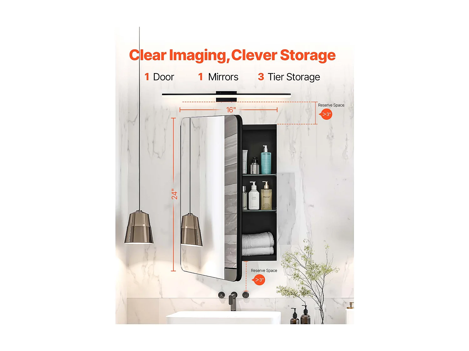 Armoire à Pharmacie, SucceBuy Armoire à Pharmacie - 41 x 61 cm, Armoire à Miroir de Salle de Bain pour Montage Mural ou Installation Encastrée