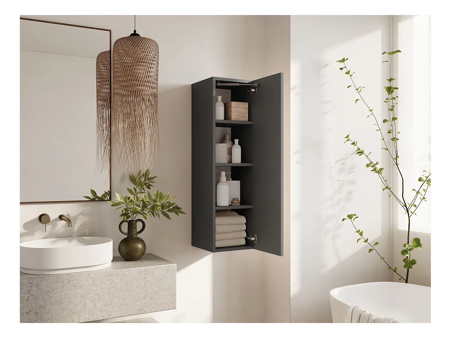 Zwevende badkamerkolom KAYA 105/160 cm – Moderne hoge kast met Push to Open-systeem