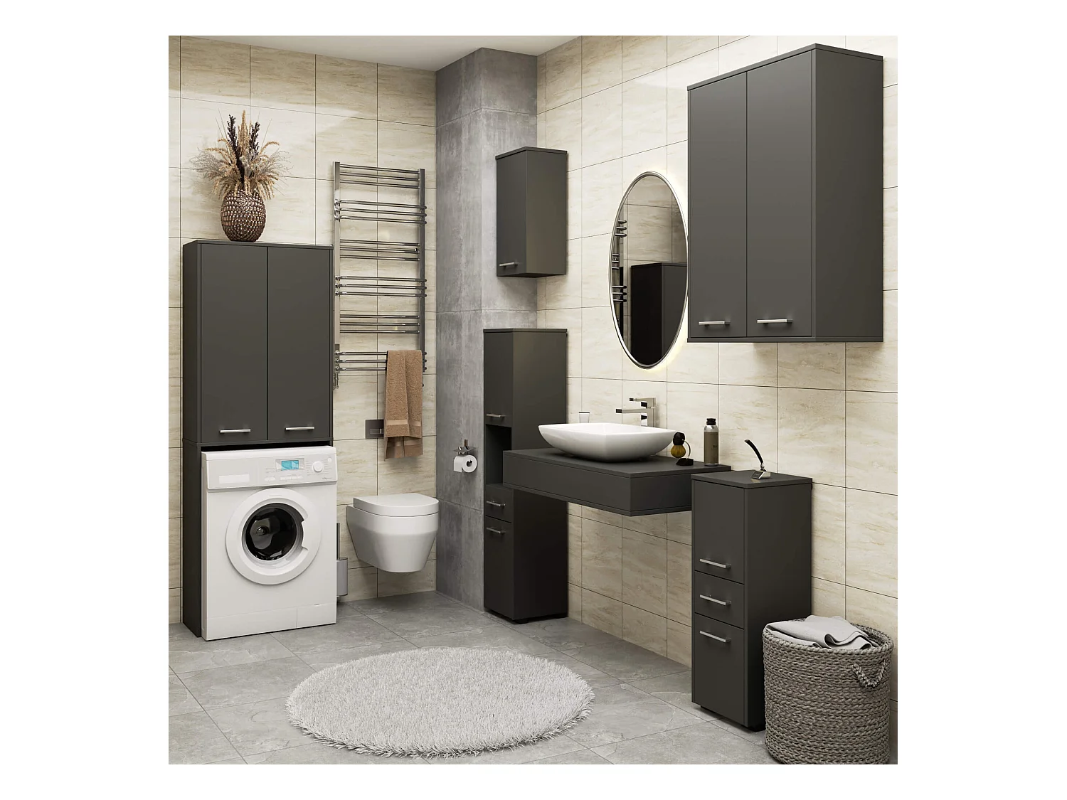 Armoire salle de bains suspendue AKORD FIN Gris Graphite 64 cm 2 portes façade Gris Graphite 4 étagères 64x30x94 cm