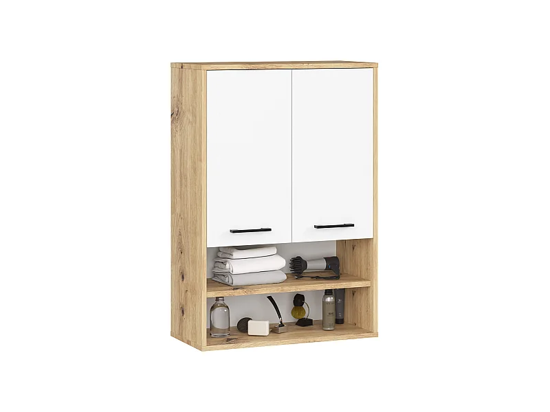 Armoire salle de bains suspendue AKORD FIN Chêne Artisan 64 cm 2 portes façade Blanche 4 étagères 64x30x94 cm