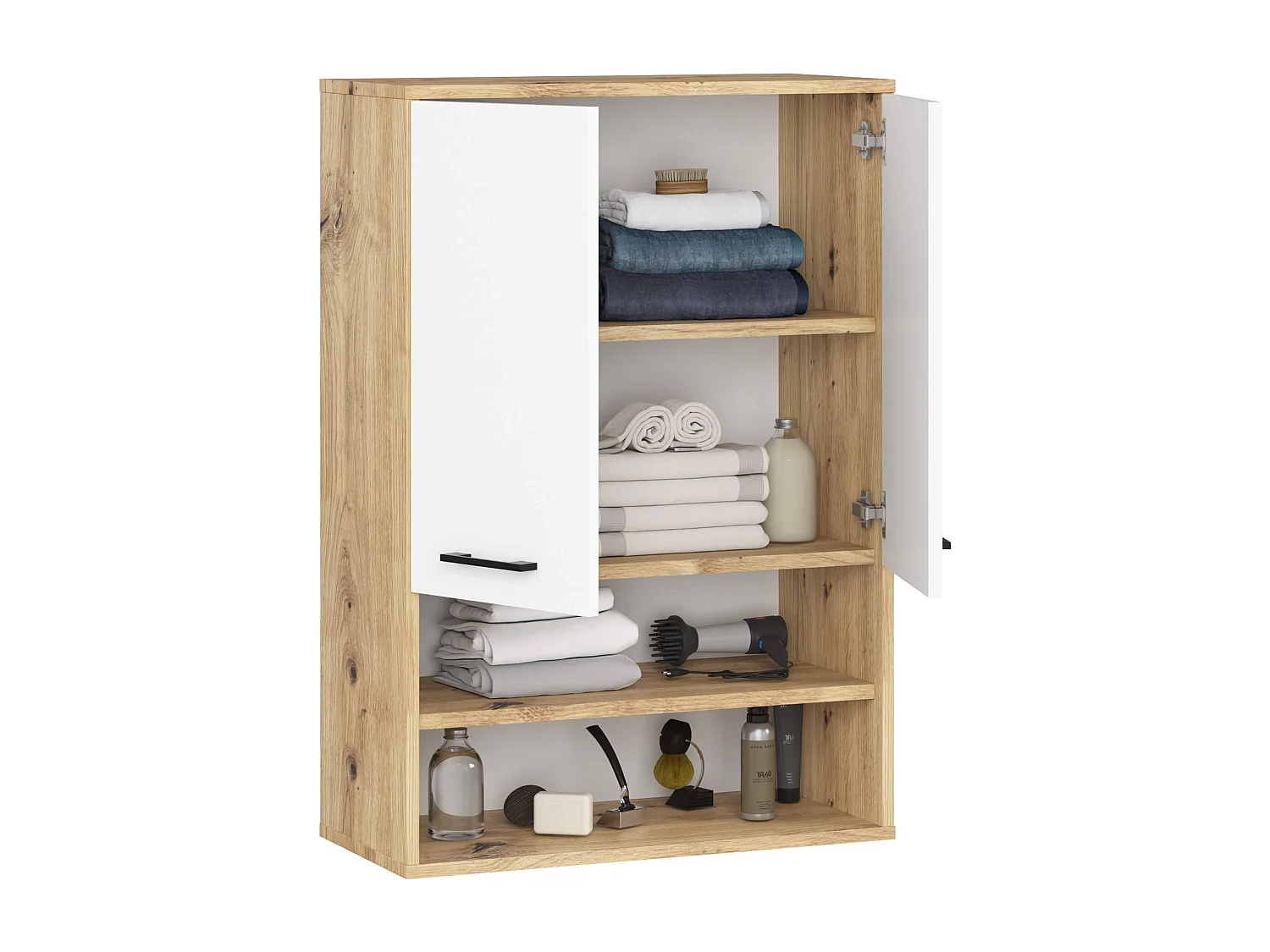 Badezimmer-Hängeschrank FIN Artisan Eiche 64 cm 2 Türen Front Weiß 4 Regalböden B64xH94xT30 cm