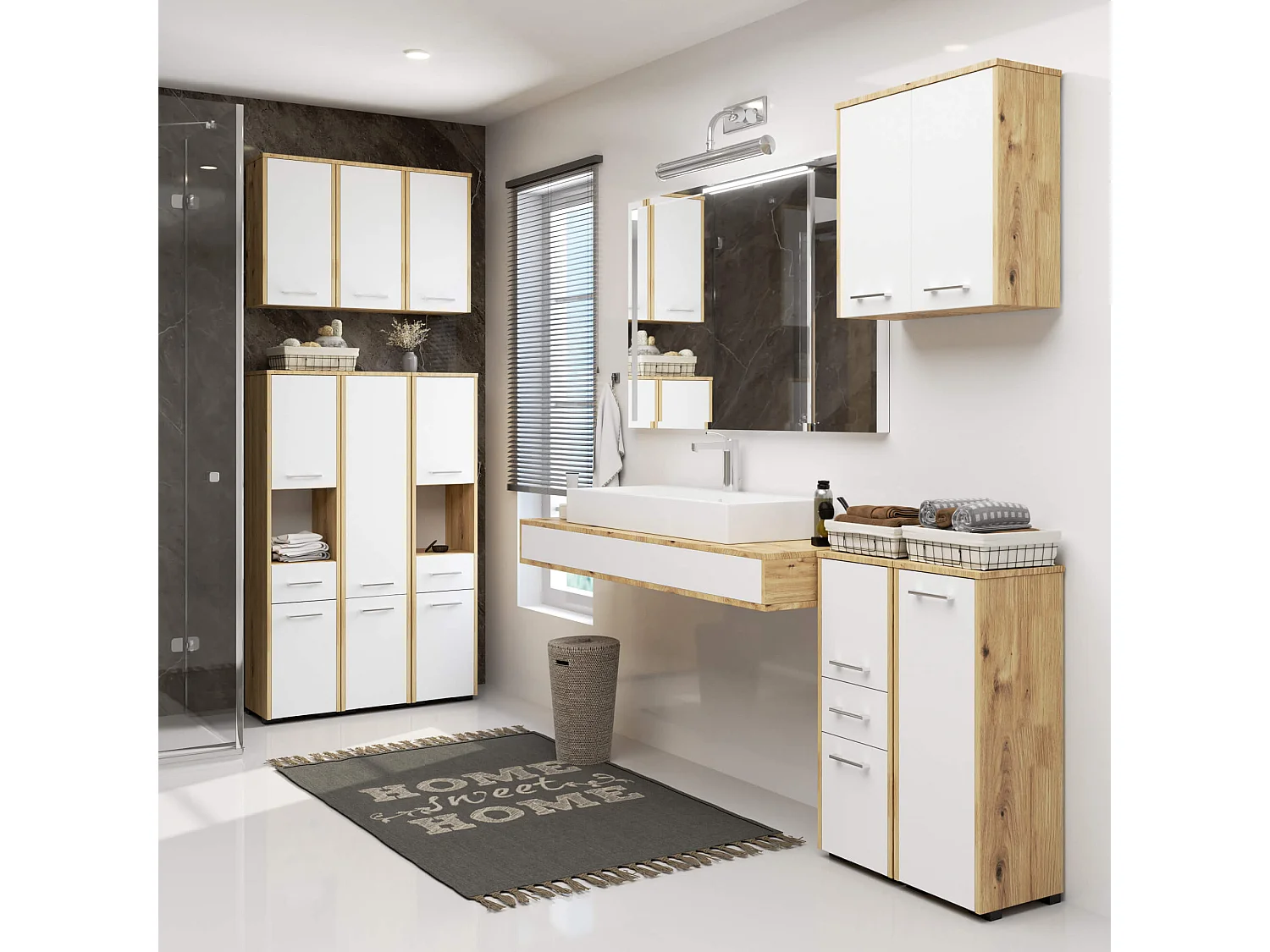 Badezimmer-Hängeschrank FIN Artisan Eiche 64 cm 2 Türen Front Weiß 4 Regalböden B64xH94xT30 cm