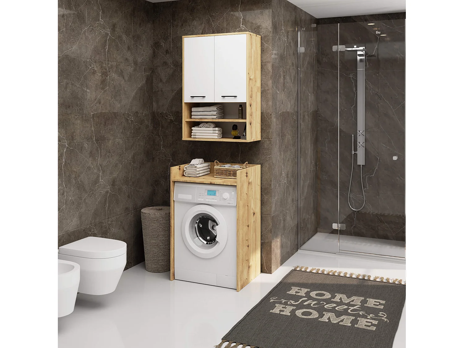 Badezimmer-Hängeschrank FIN Artisan Eiche 64 cm 2 Türen Front Weiß 4 Regalböden B64xH94xT30 cm