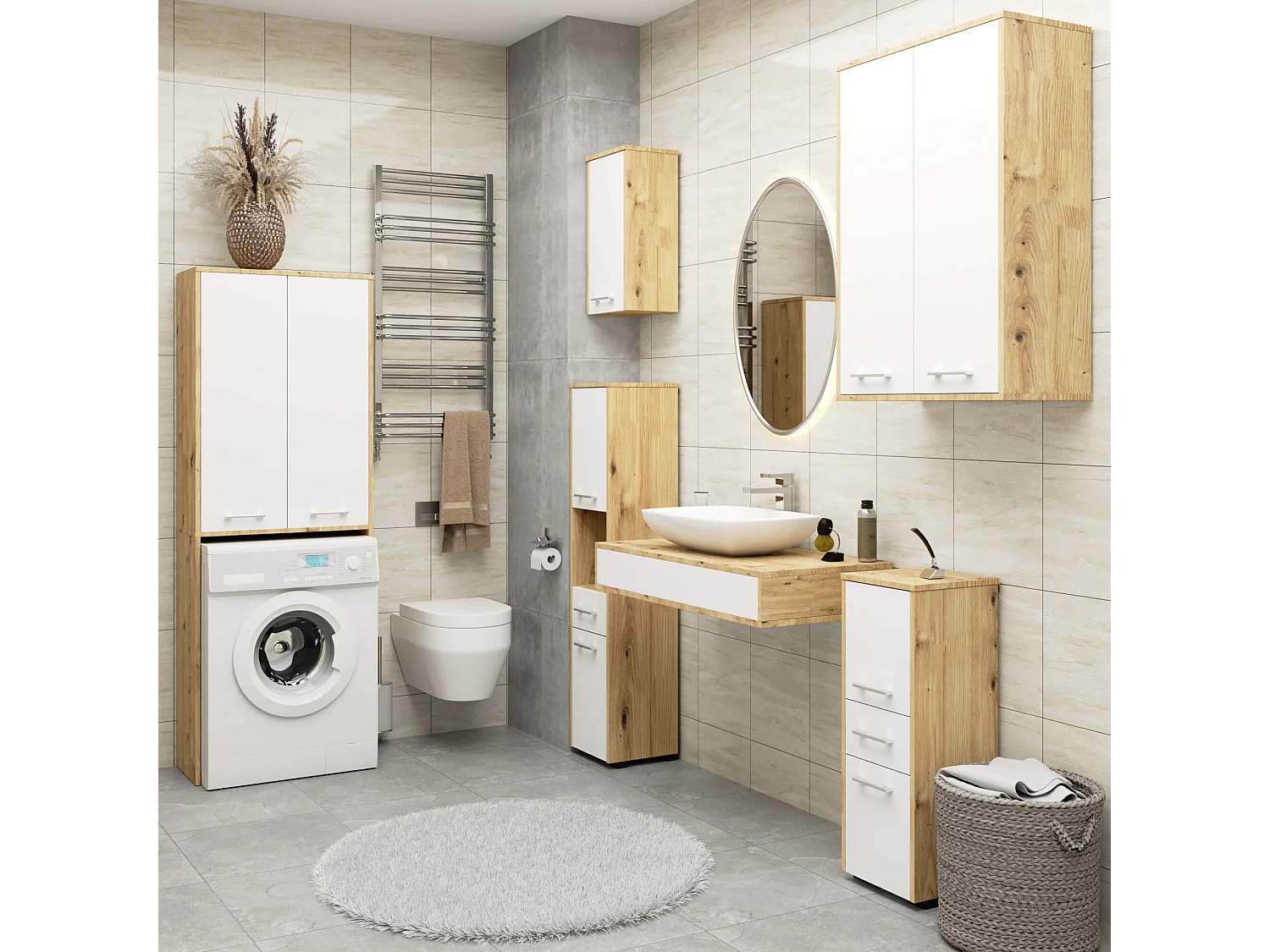 Hangende Badkamerkast FIN H934 W64 met 2 Deuren en 4 Planken / AKORD Furniture Factory / Artisan Eik - Wit / 64 x 94 x 30 cm