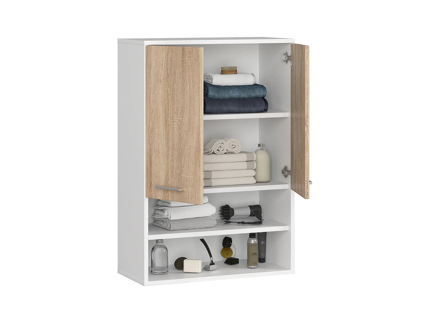 Armoire salle de bains suspendue AKORD FIN Blanche 64 cm 2 portes façade Chêne Sonoma 4 étagères 64x30x94 cm