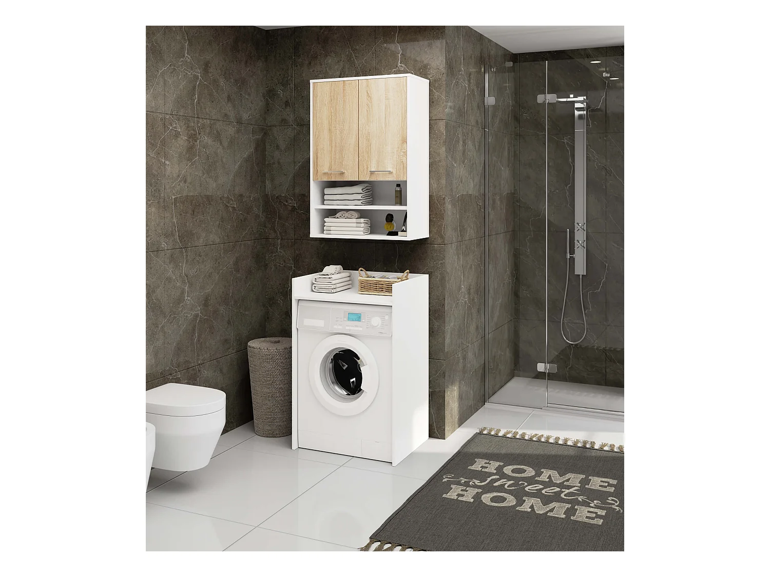 Armoire salle de bains suspendue AKORD FIN Blanche 64 cm 2 portes façade Chêne Sonoma 4 étagères 64x30x94 cm