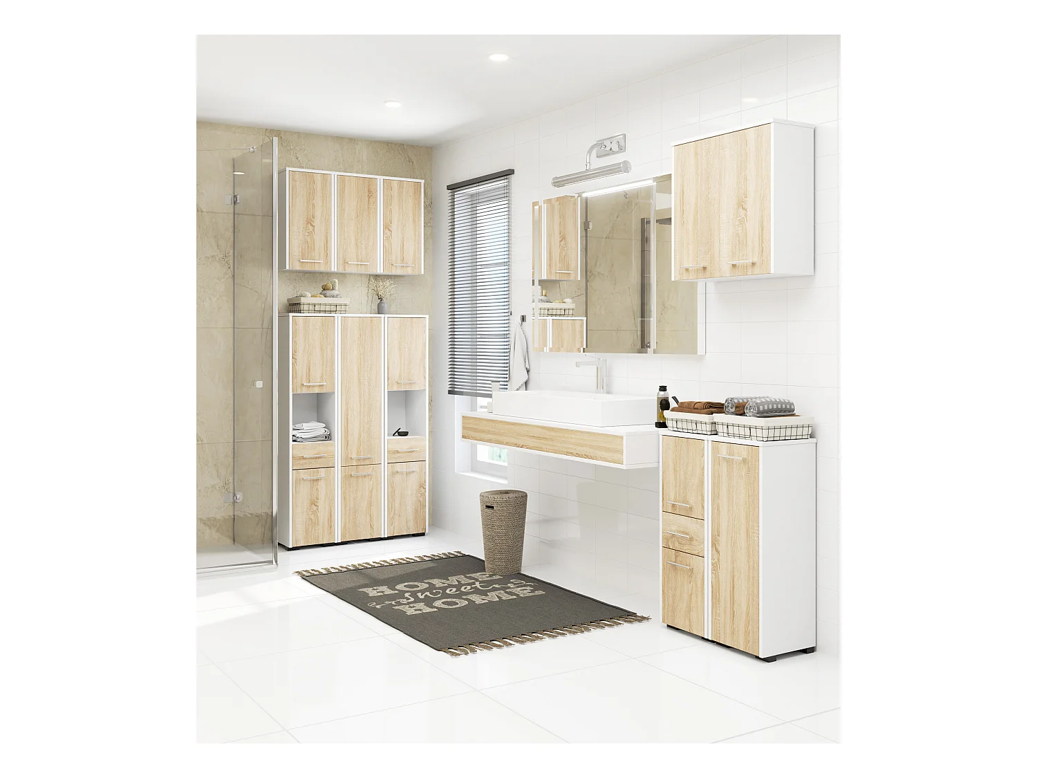 Armoire salle de bains suspendue AKORD FIN Blanche 64 cm 2 portes façade Chêne Sonoma 4 étagères 64x30x94 cm