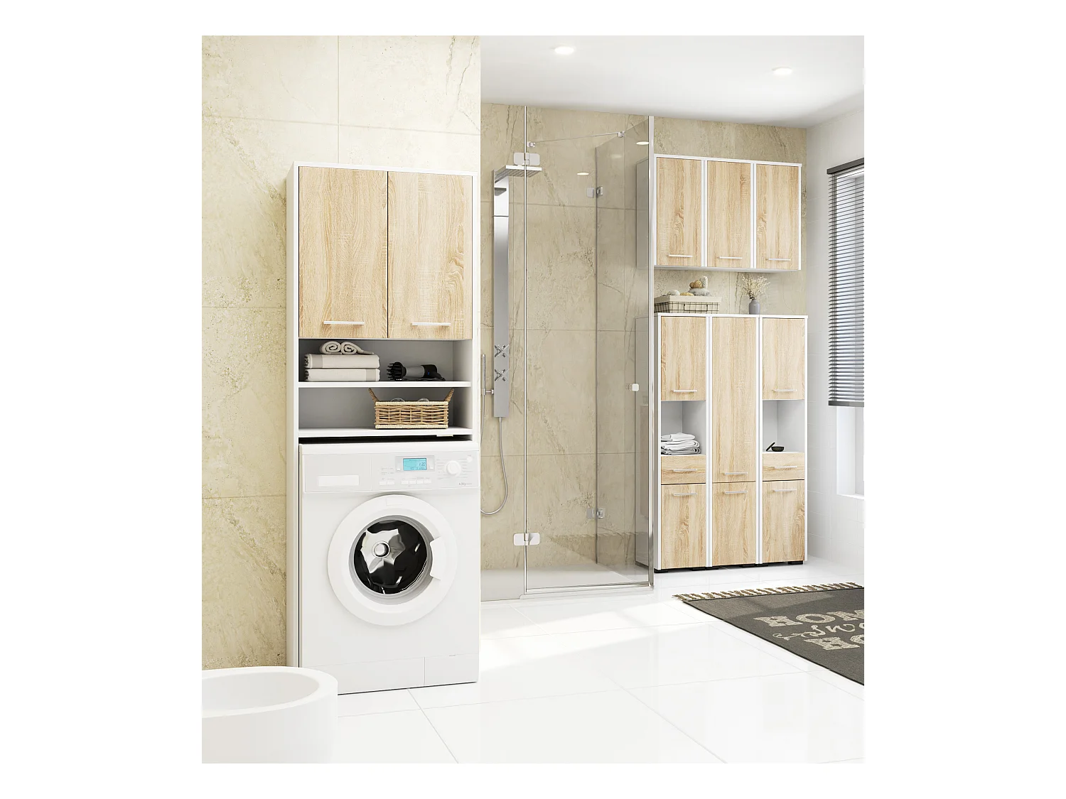 Armoire salle de bains suspendue AKORD FIN Blanche 64 cm 2 portes façade Chêne Sonoma 4 étagères 64x30x94 cm