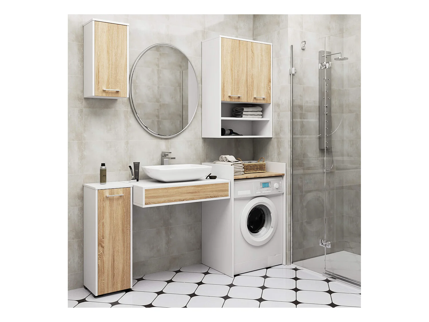 Armoire salle de bains suspendue AKORD FIN Blanche 64 cm 2 portes façade Chêne Sonoma 4 étagères 64x30x94 cm