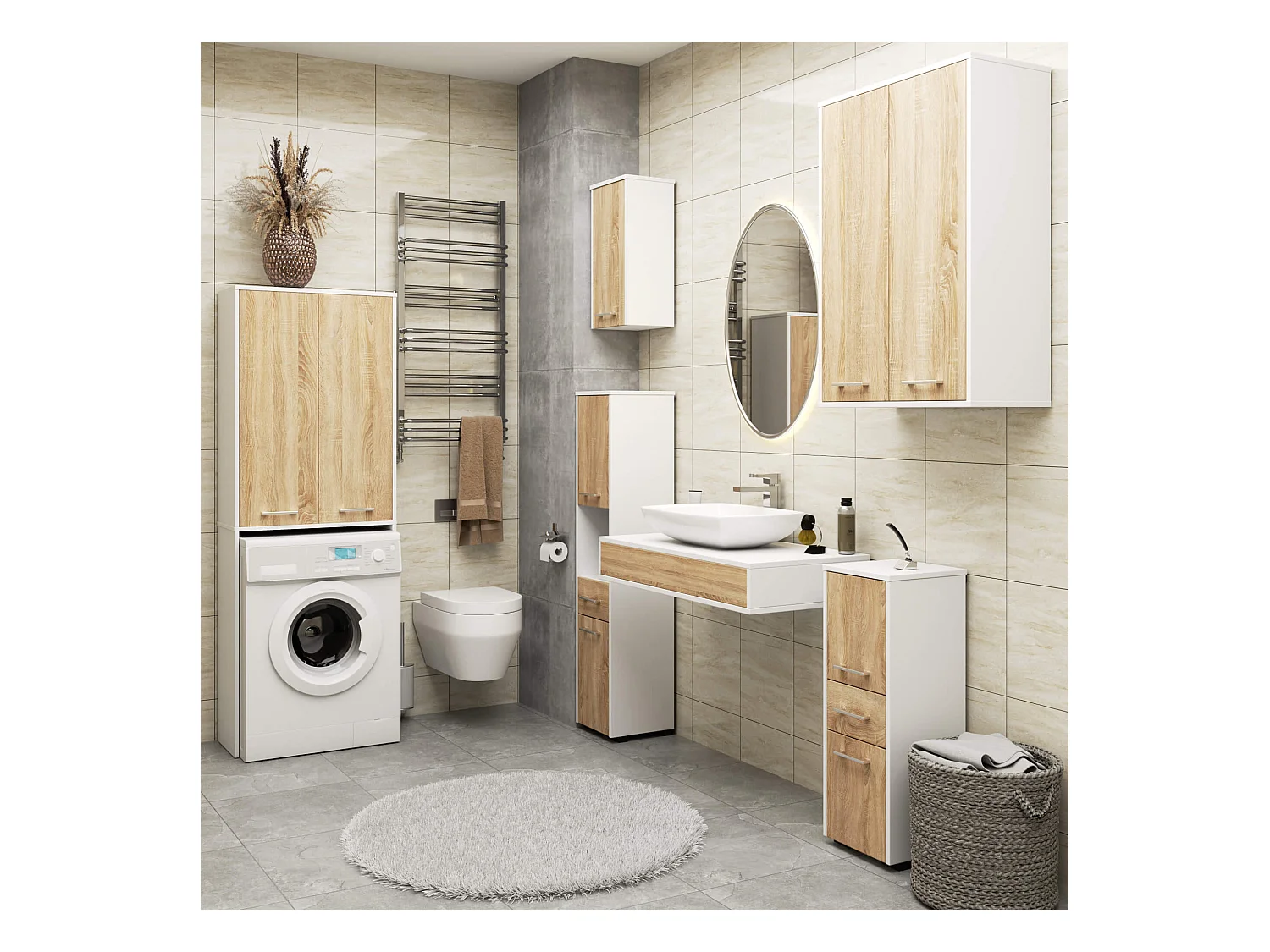 Armoire salle de bains suspendue AKORD FIN Blanche 64 cm 2 portes façade Chêne Sonoma 4 étagères 64x30x94 cm