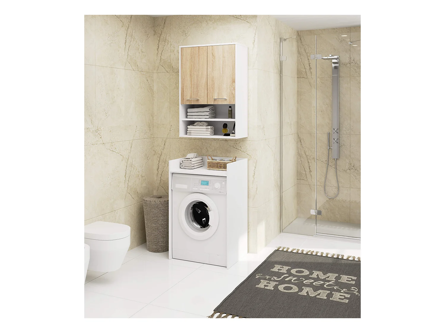 Armoire salle de bains suspendue AKORD FIN Blanche 64 cm 2 portes façade Chêne Sonoma 4 étagères 64x30x94 cm