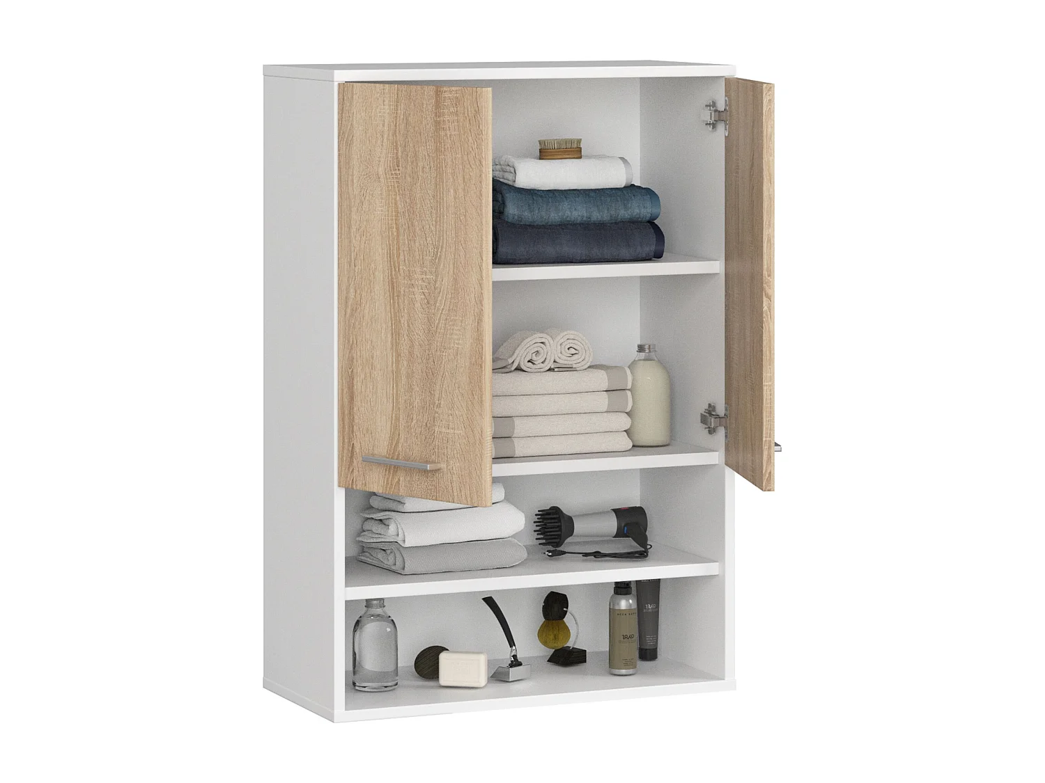 Hangende Badkamerkast FIN H934 W64 met 2 Deuren en 4 Planken / AKORD Furniture Factory / Wit - Sonoma Eik / 64 x 94 x 30 cm