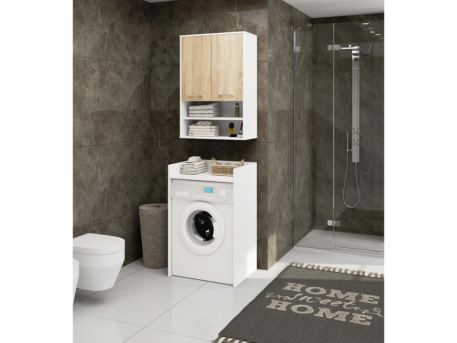 Hangende Badkamerkast FIN H934 W64 met 2 Deuren en 4 Planken / AKORD Furniture Factory / Wit - Sonoma Eik / 64 x 94 x 30 cm