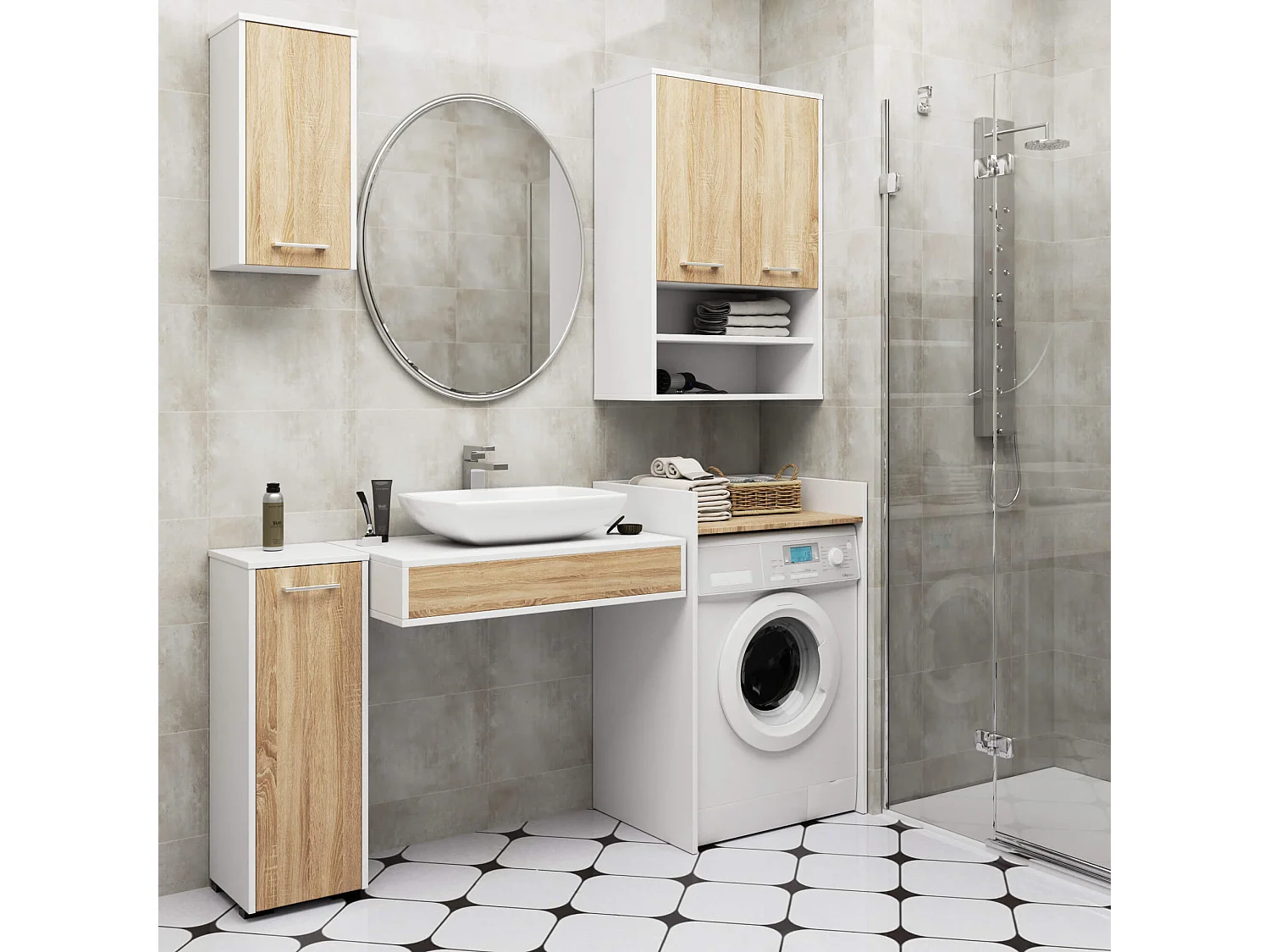 Hangende Badkamerkast FIN H934 W64 met 2 Deuren en 4 Planken / AKORD Furniture Factory / Wit - Sonoma Eik / 64 x 94 x 30 cm