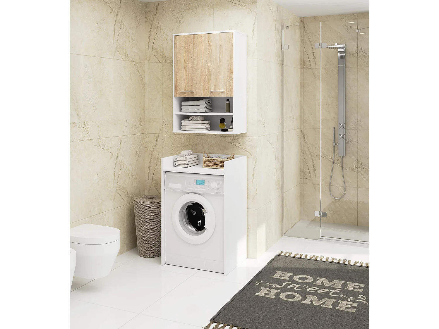 Hangende Badkamerkast FIN H934 W64 met 2 Deuren en 4 Planken / AKORD Furniture Factory / Wit - Sonoma Eik / 64 x 94 x 30 cm