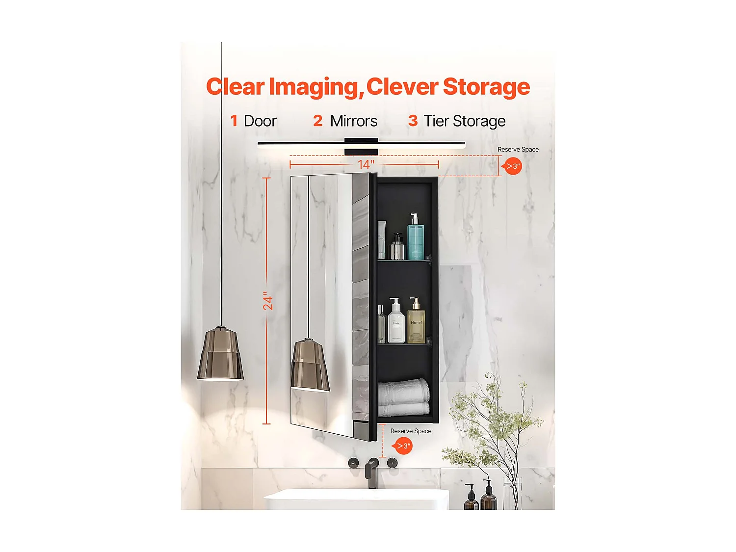 Armoire à Pharmacie, SucceBuy Armoire à Pharmacie - 36 x 61 cm, Armoire à Miroir de Salle de Bain pour Montage Mural ou Installation Encastrée