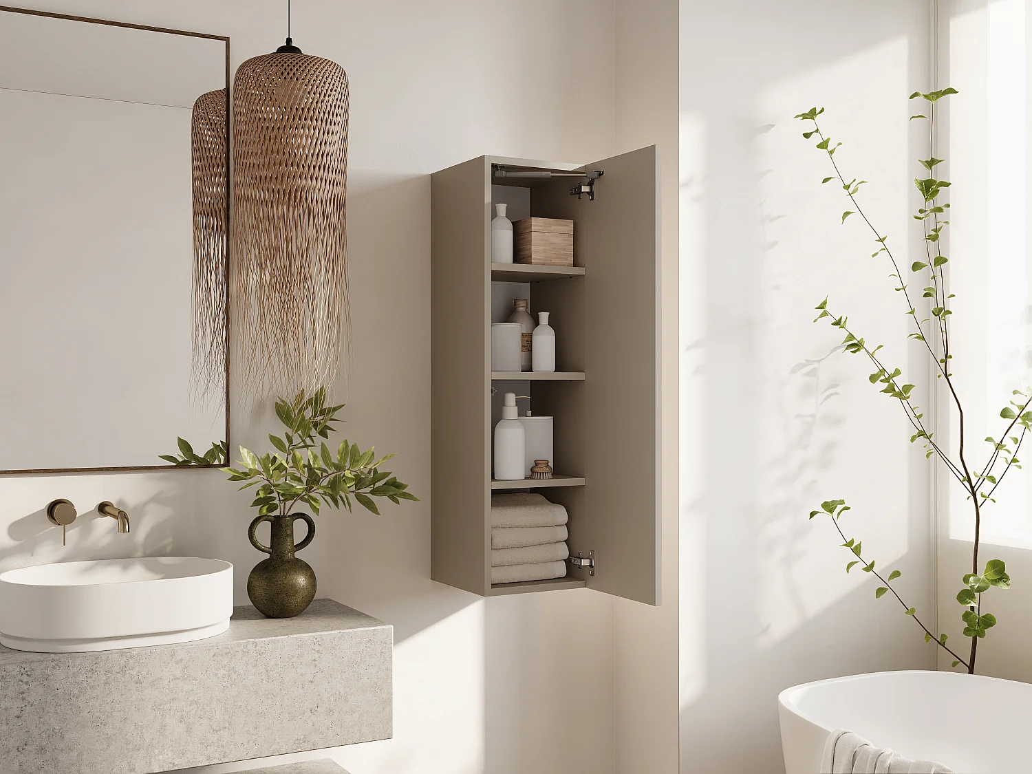 Columna de baño suspendida KAYA 105/160 cm – Mueble alto moderno con sistema Push to Open