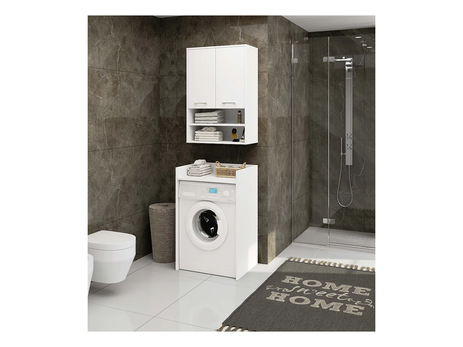 Badezimmer-Hängeschrank FIN Weiß 64 cm 2 Türen 4 Regalböden B64xH94xT30 cm