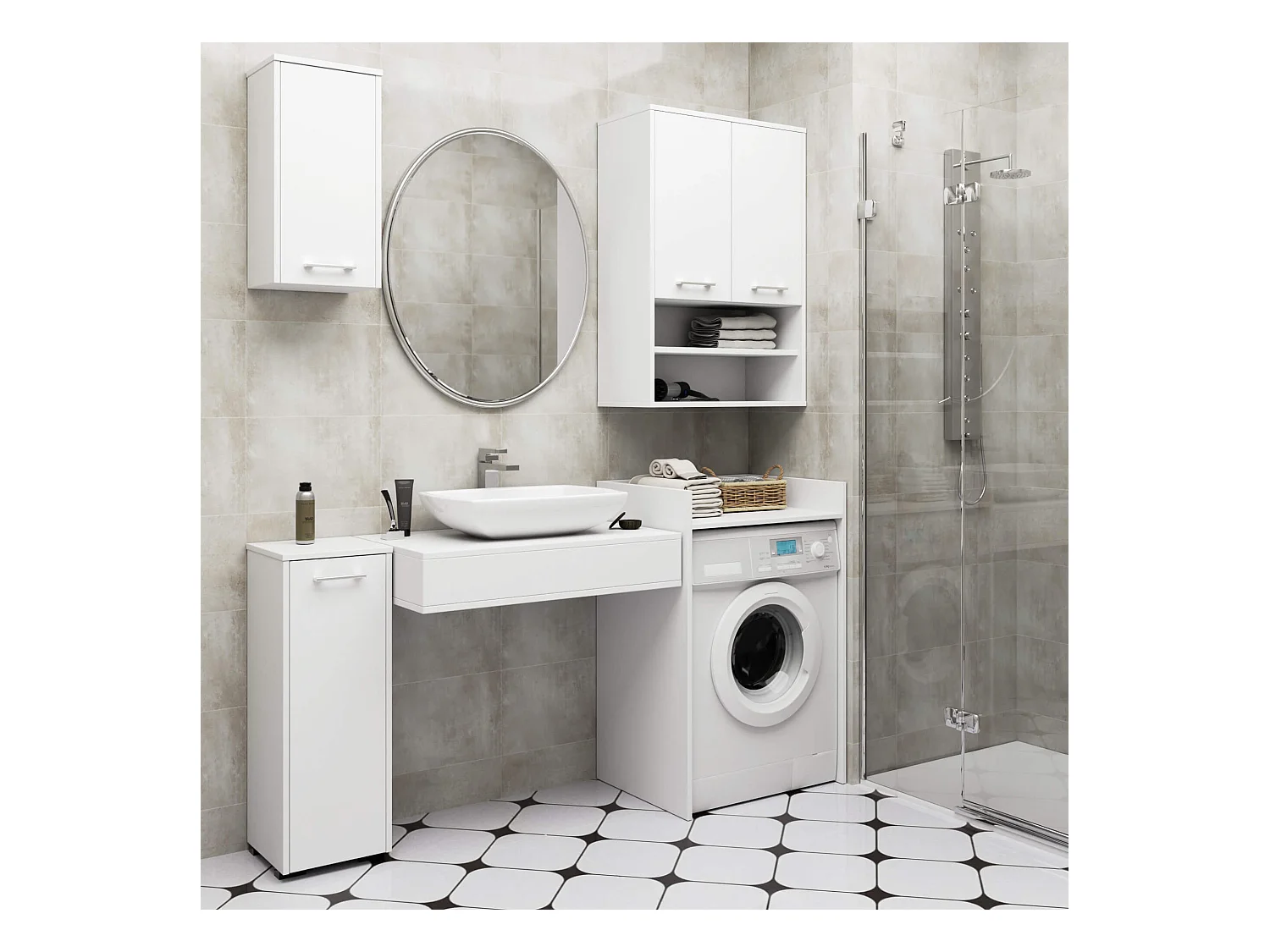 Badezimmer-Hängeschrank FIN Weiß 64 cm 2 Türen 4 Regalböden B64xH94xT30 cm