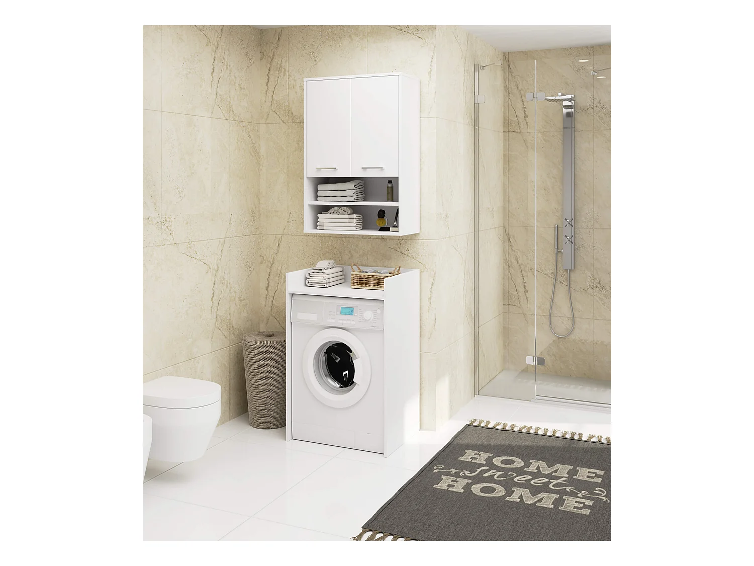 Badezimmer-Hängeschrank FIN Weiß 64 cm 2 Türen 4 Regalböden B64xH94xT30 cm