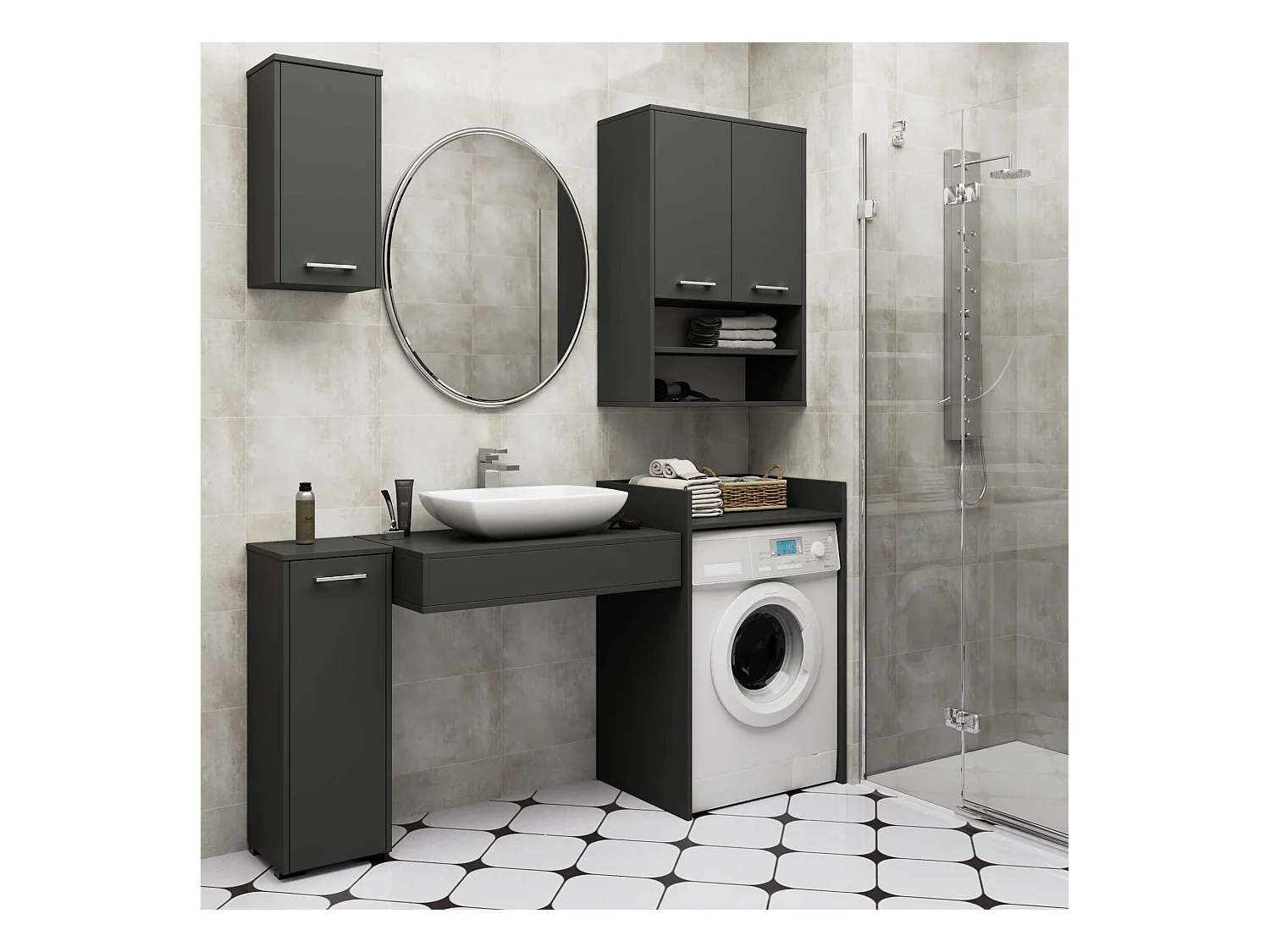 Armoire salle de bains suspendue AKORD FIN Gris Graphite 64 cm 2 portes pleine Gris Graphite 4 étagères 64x30x94 cm