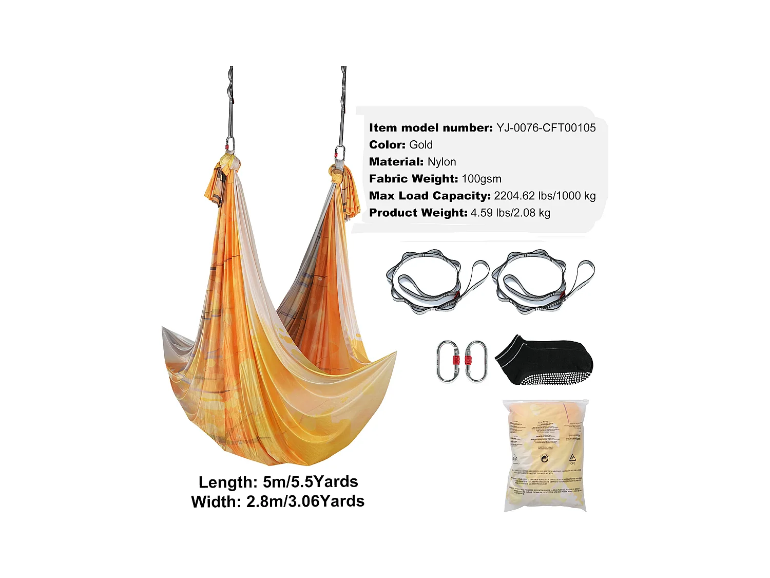 Hamac de Yoga Aérien SucceBuy 5,5 mètres Kit de Fitness Doré Élingue Suspendue Inversion Nylon