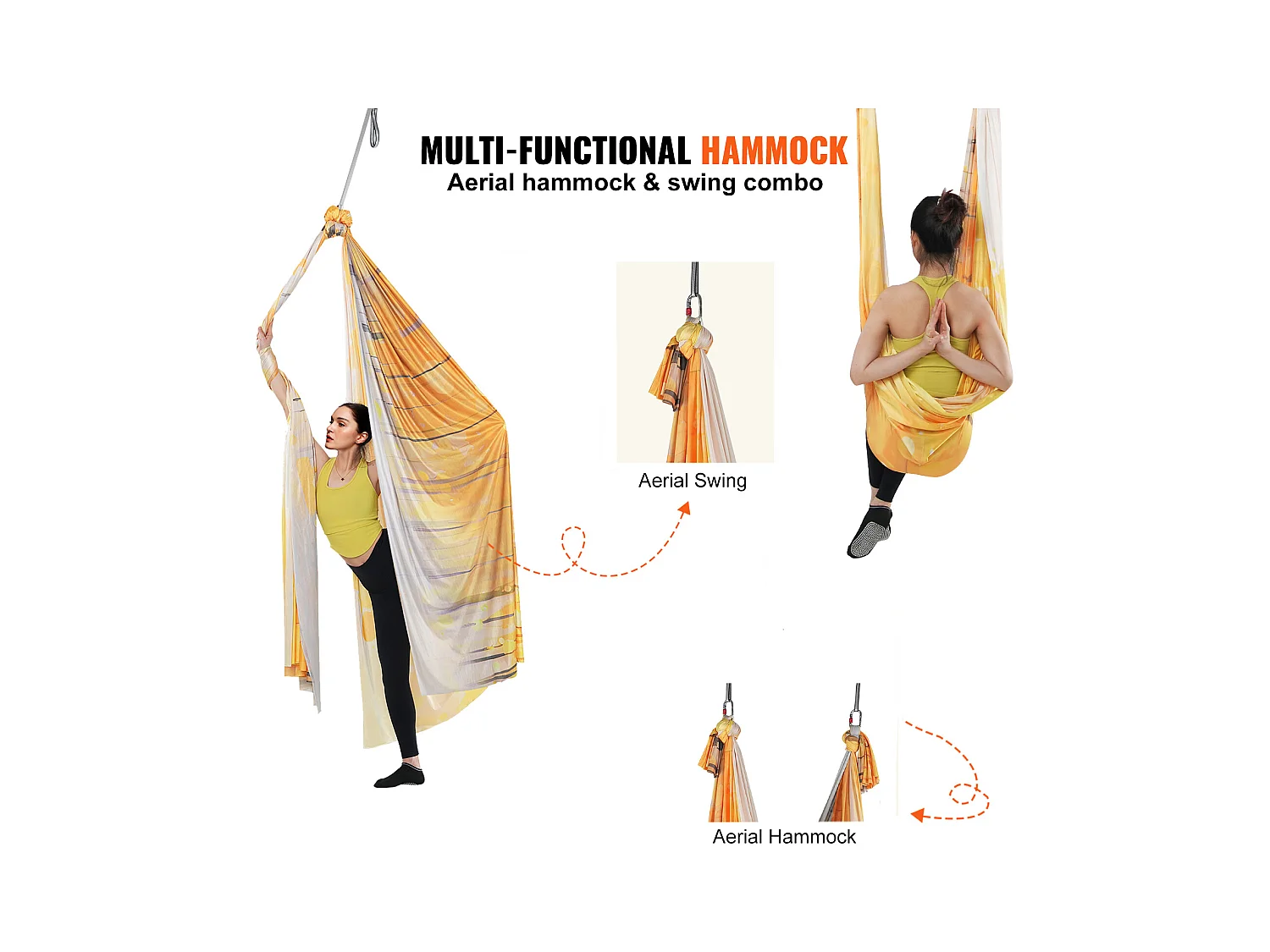 Hamac de Yoga Aérien SucceBuy 5,5 mètres Kit de Fitness Doré Élingue Suspendue Inversion Nylon