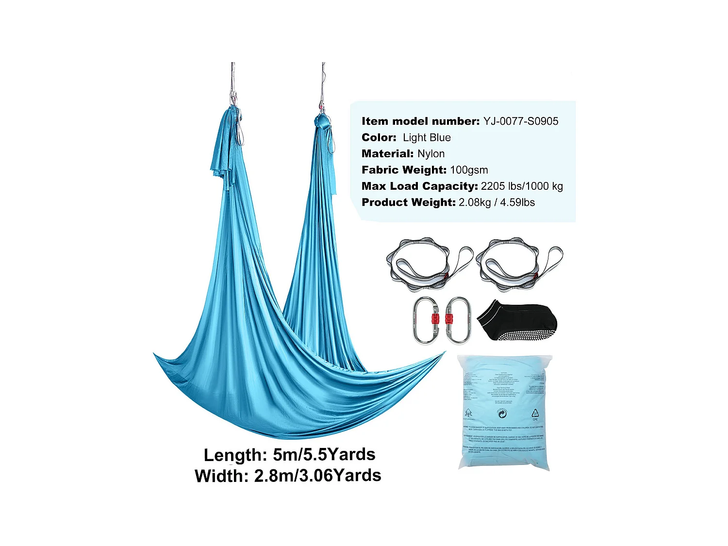 Hamac de Yoga Aérien SucceBuy 5,5 mètres, Nylon, Bleu, Kit Complet pour le Fitness