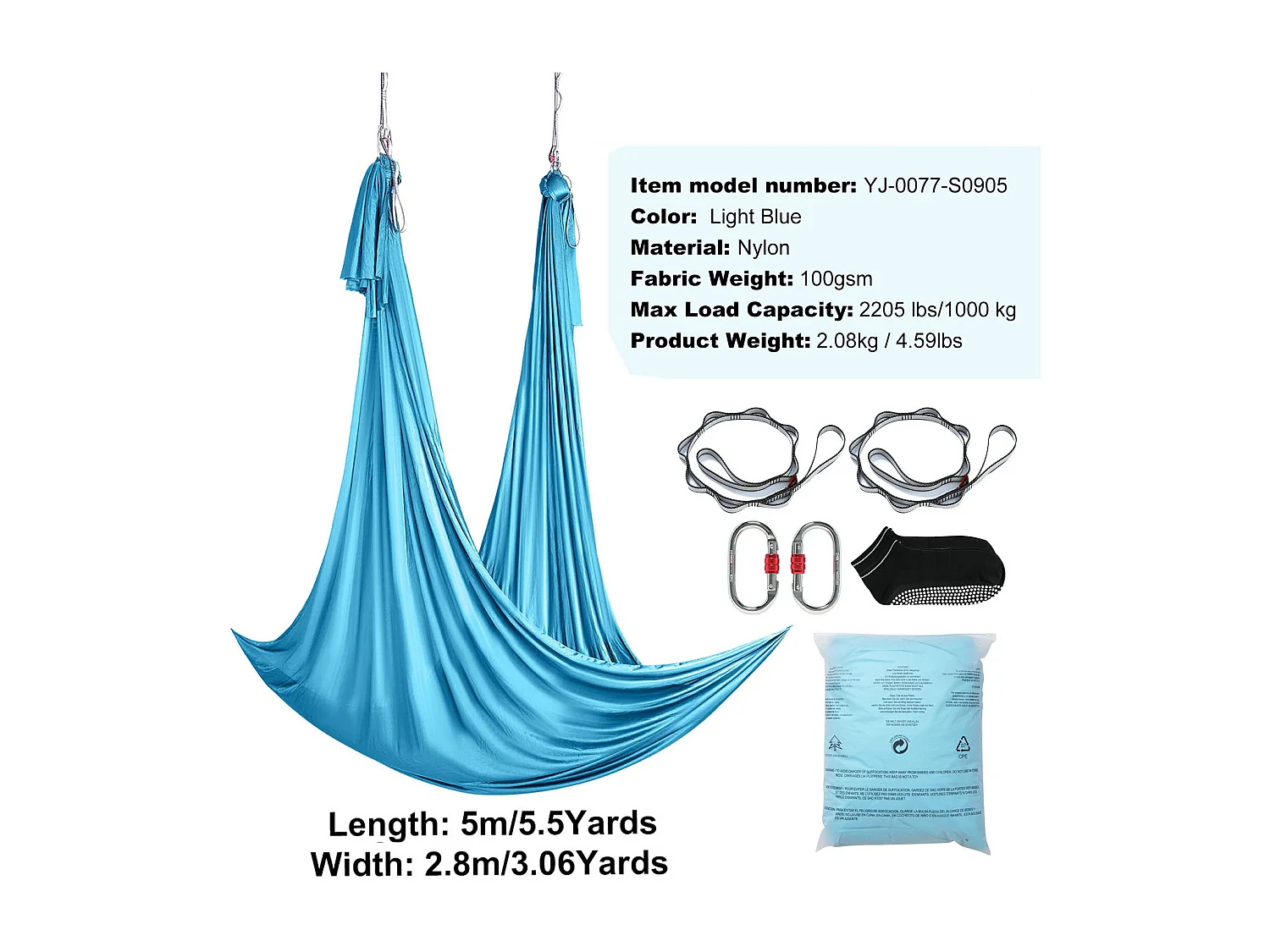 Hamac de Yoga Aérien SucceBuy 5,5 mètres, Nylon, Bleu, Kit Complet pour le Fitness