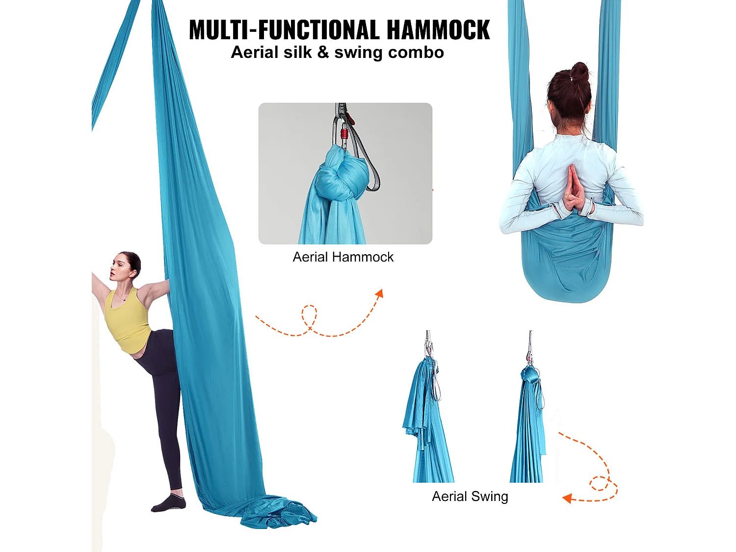 Hamac de Yoga Aérien SucceBuy 5,5 mètres, Nylon, Bleu, Kit Complet pour le Fitness