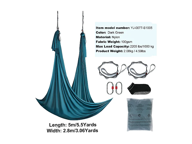 Hamac de Yoga Aérien SucceBuy Yoga Balançoire Hamac Aérien 5,5 mètres Nylon Suspendu Sling Inversion Vert