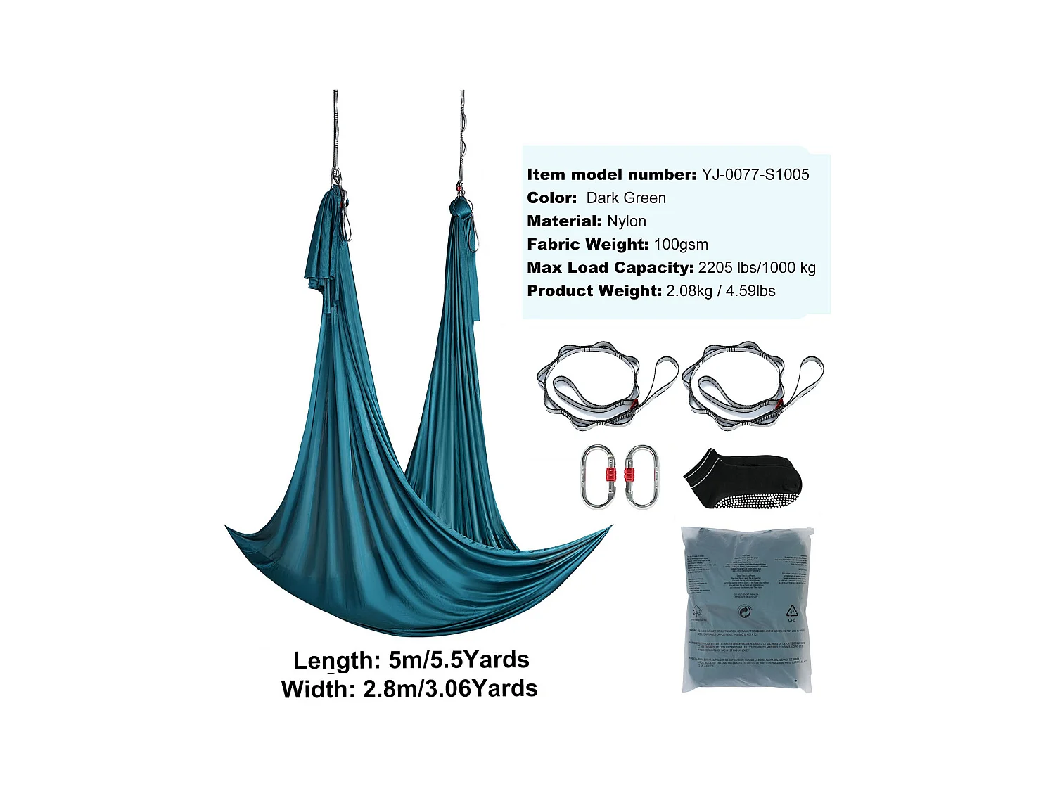 Hamac de Yoga Aérien SucceBuy Yoga Balançoire Hamac Aérien 5,5 mètres Nylon Suspendu Sling Inversion Vert