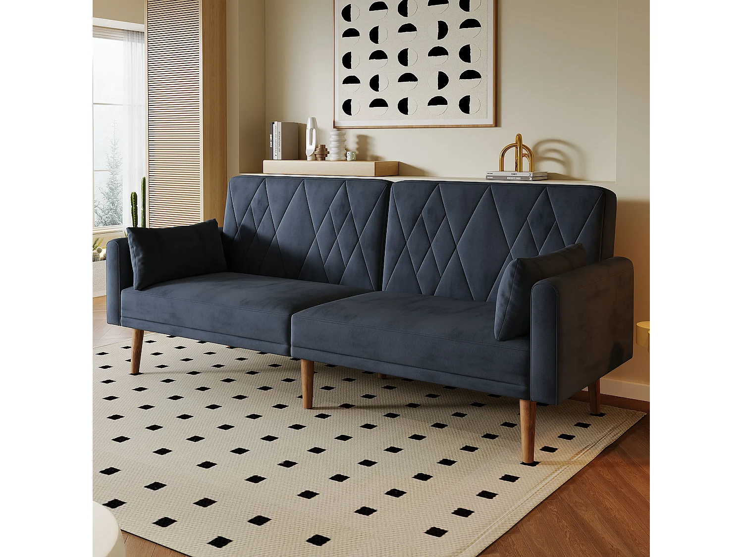 Canapé droit 2 places convertible en velours gris, 2 coussins inclus-180x75x82cm