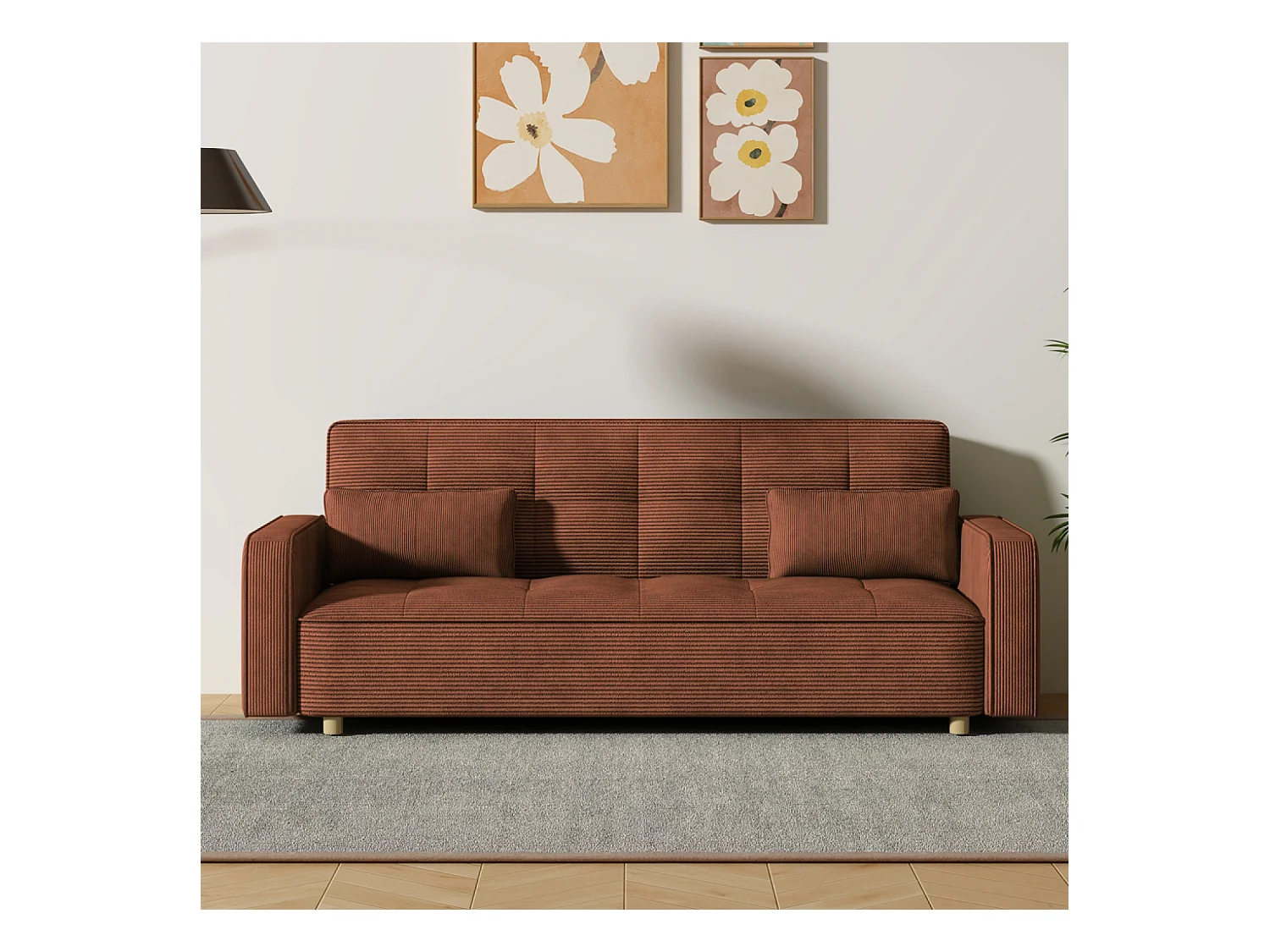 Canapé scandinave convertible 3 places en velours côtelé terracotta COPENHAGUE