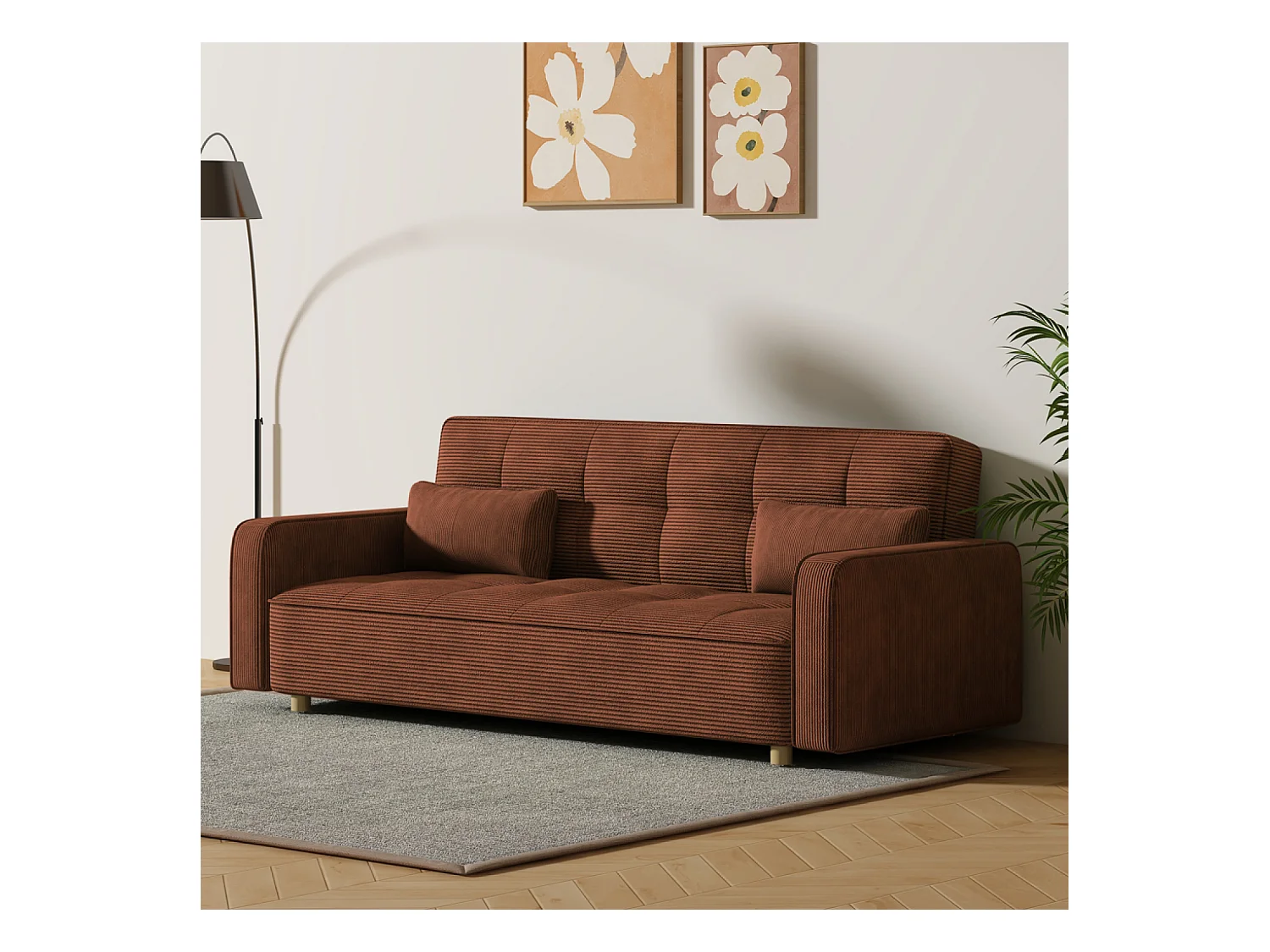 Canapé scandinave convertible 3 places en velours côtelé terracotta COPENHAGUE