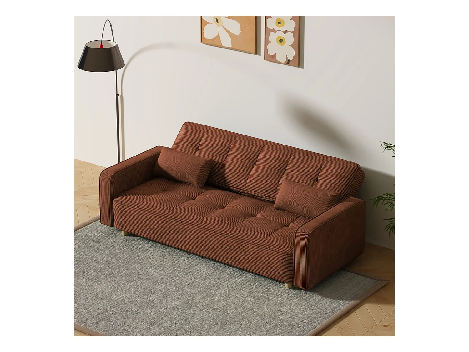 Canapé scandinave convertible 3 places en velours côtelé terracotta COPENHAGUE