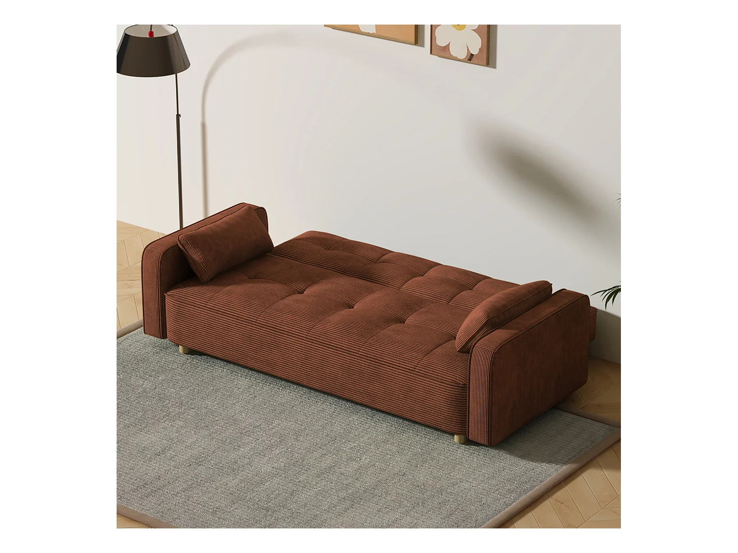 Canapé scandinave convertible 3 places en velours côtelé terracotta COPENHAGUE