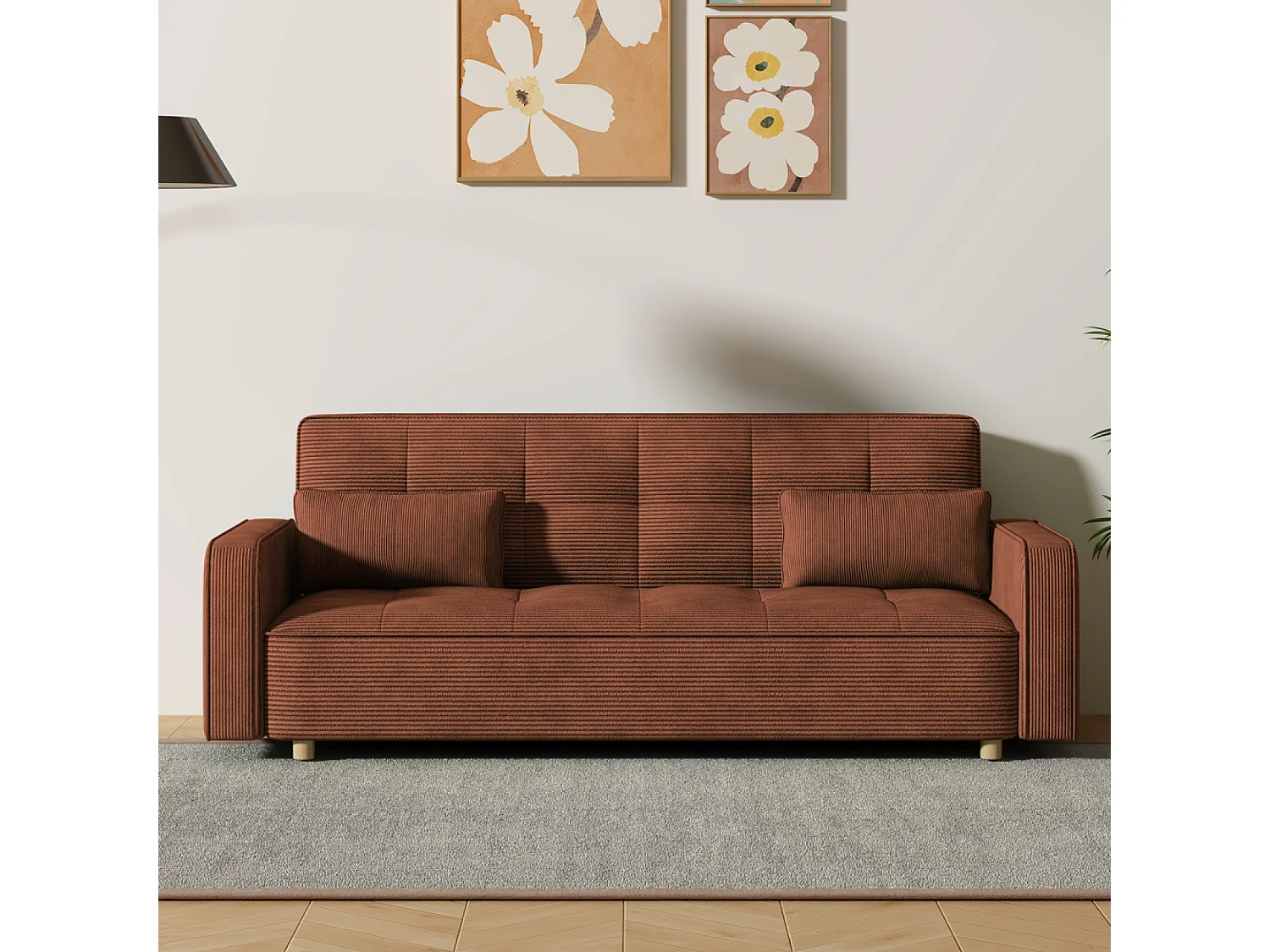 Canapé scandinave convertible 3 places en velours côtelé terracotta COPENHAGUE