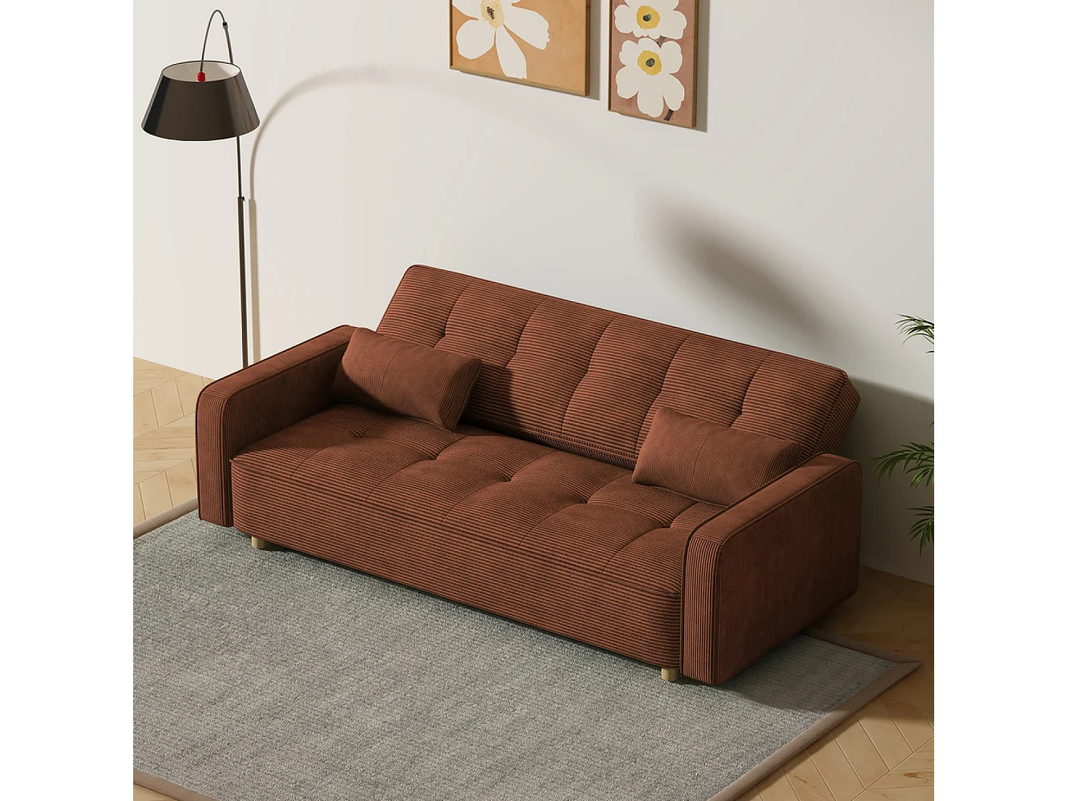 Sofá-Cama Conversível 3 Lugares Veludo Cotelê Terracota Estilo Escandinavo Moderno