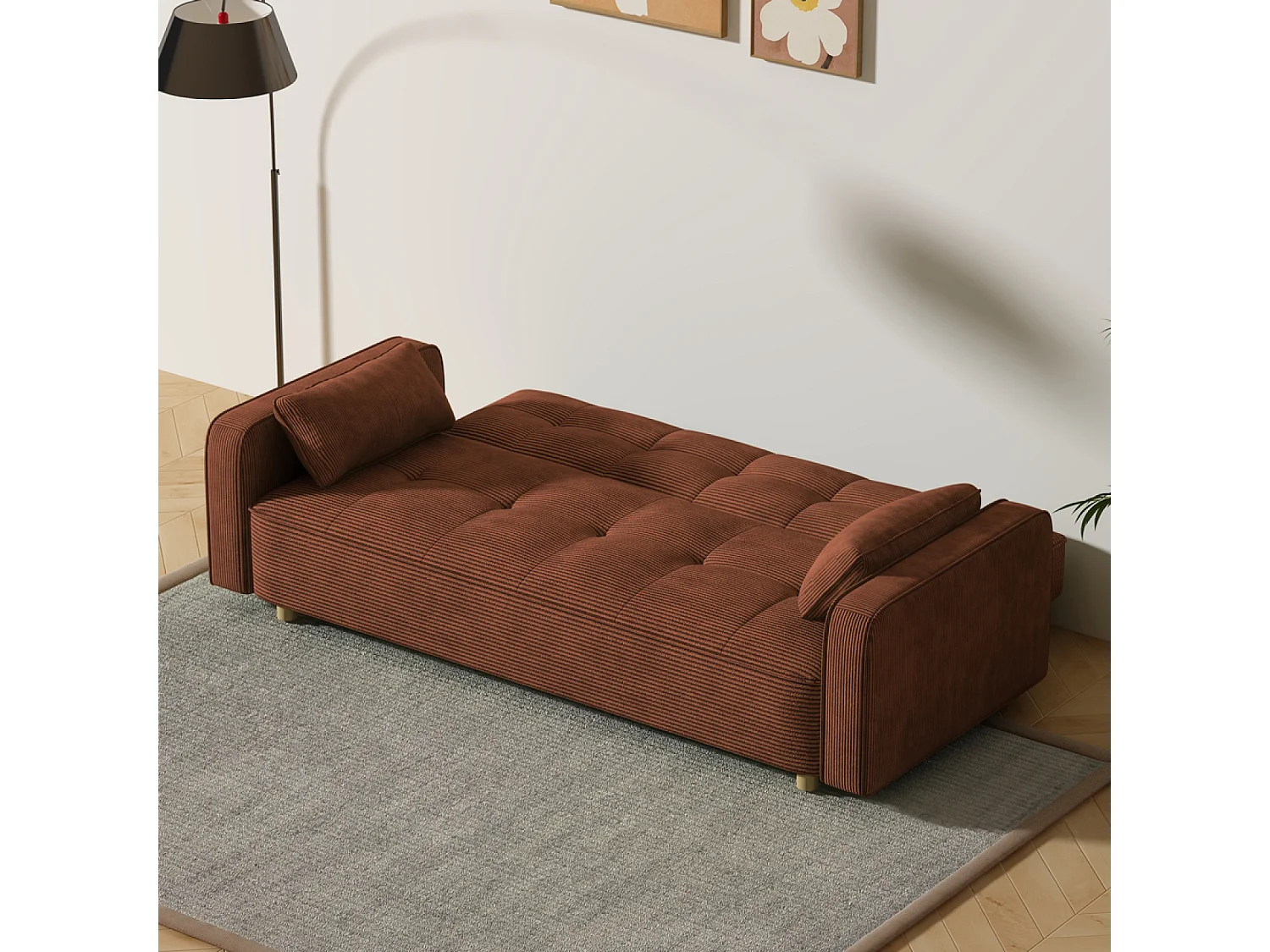 Sofá-Cama Conversível 3 Lugares Veludo Cotelê Terracota Estilo Escandinavo Moderno