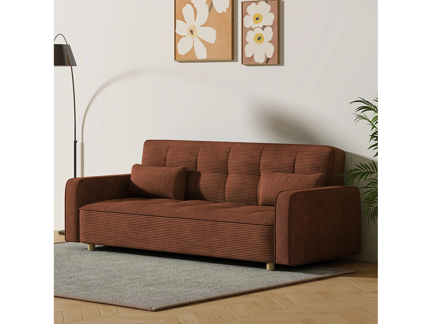 Canapé scandinave convertible 3 places en velours côtelé terracotta COPENHAGUE