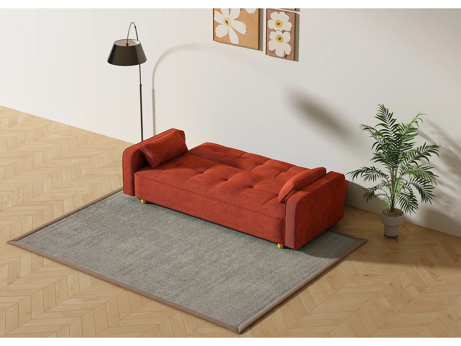 Canapé scandinave convertible 3 places en velours côtelé terracotta COPENHAGUE