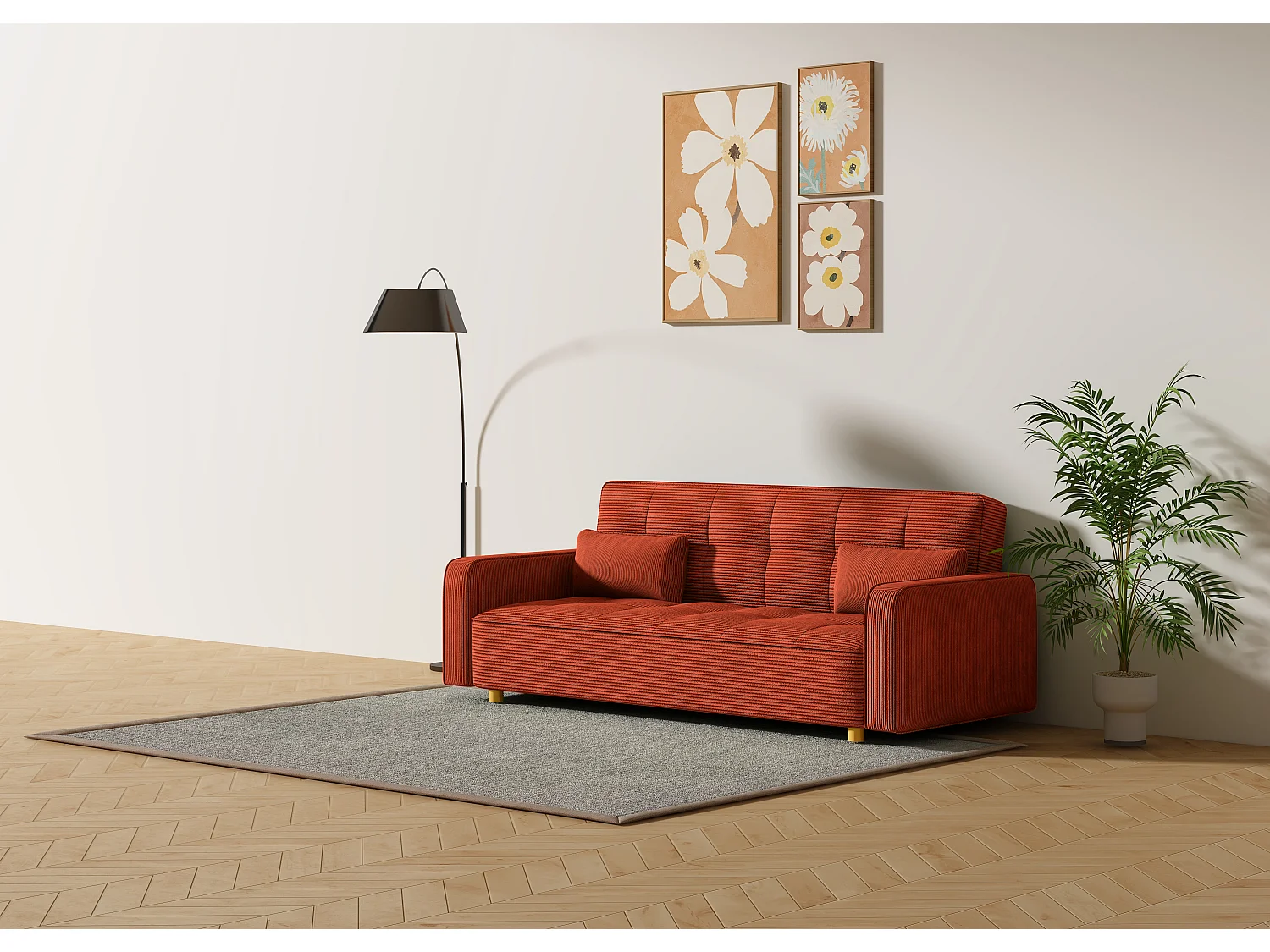Canapé scandinave convertible 3 places en velours côtelé terracotta COPENHAGUE