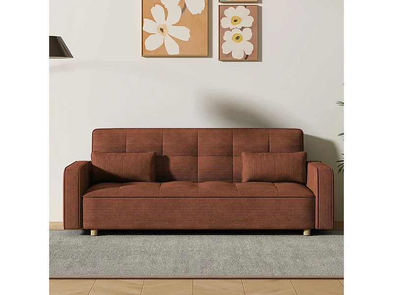Sofá-Cama Conversível 3 Lugares Veludo Cotelê Terracota Estilo Escandinavo Moderno