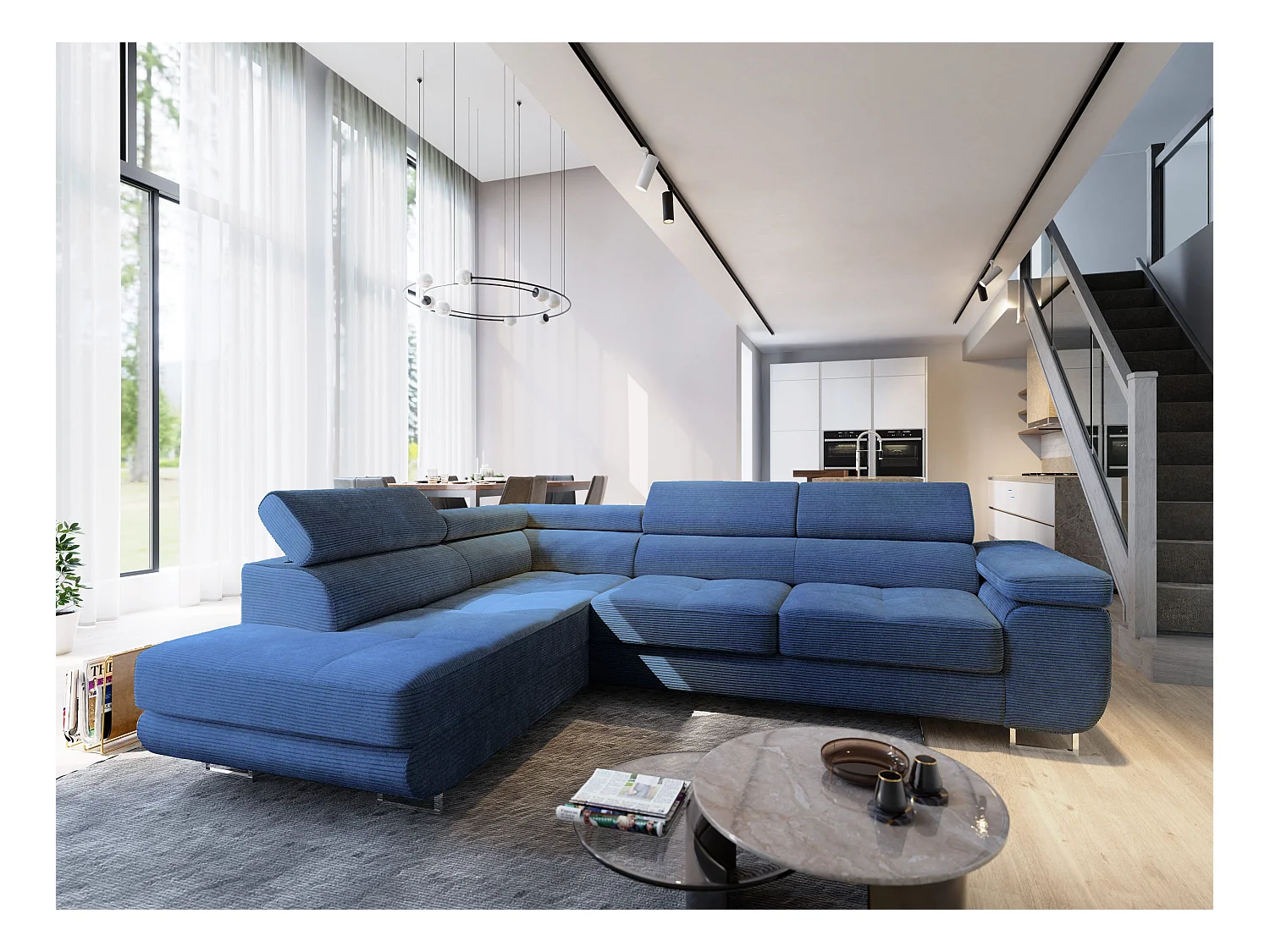 Canapé d'angle APIRO Bleu en velours côtelé avec fonction de couchage